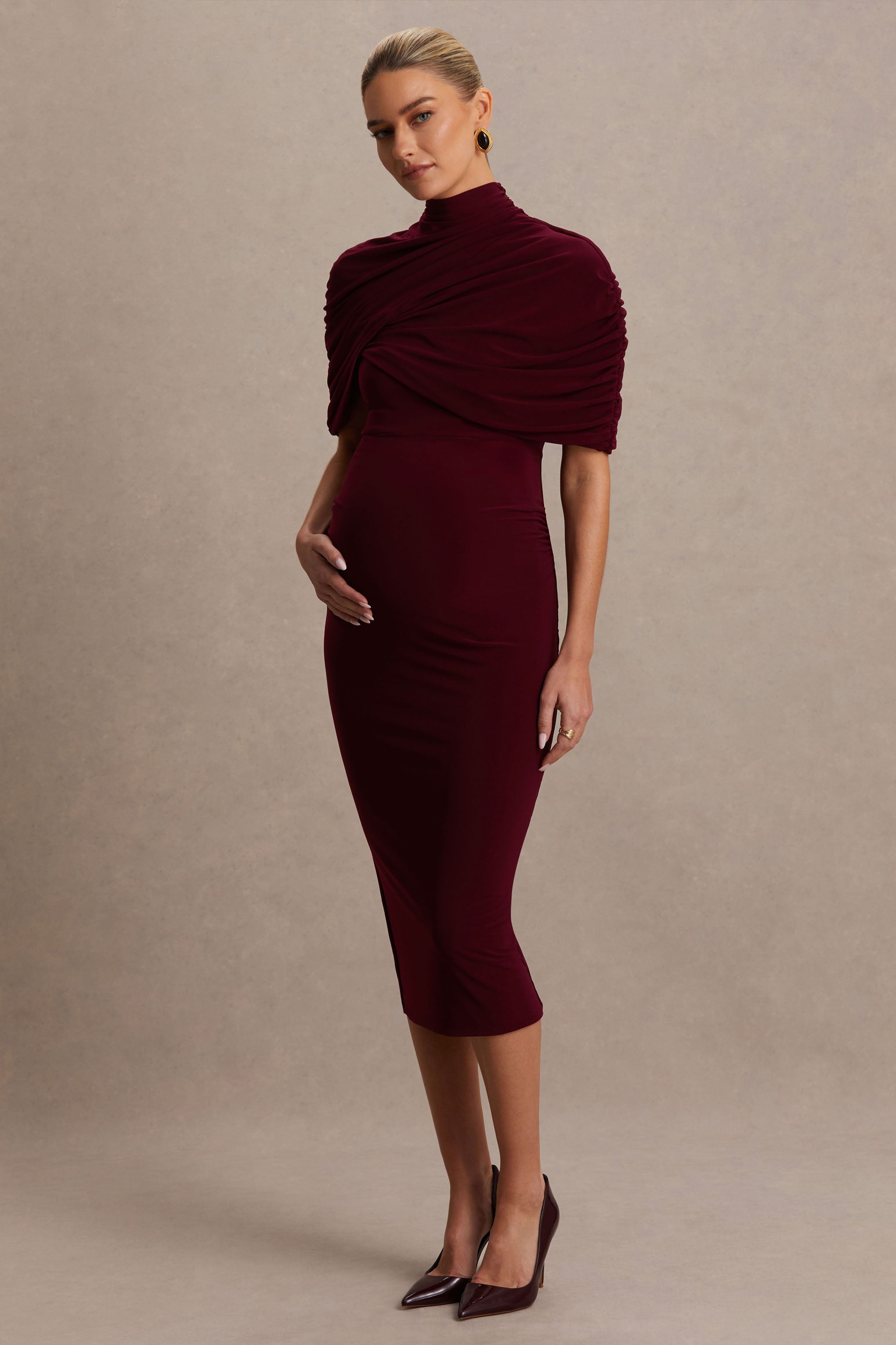 Augustina | Kırmızı Şarap Renkli Hamile Midi Elbise Pelerinli