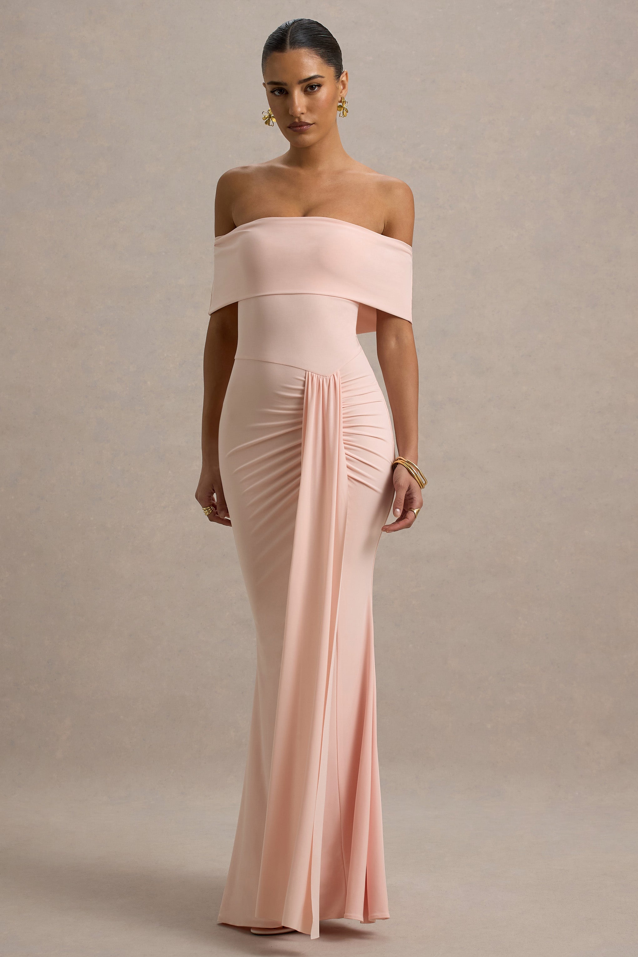 Delma | Drapeli Detaylı Pembe Bardot Maxi Elbise