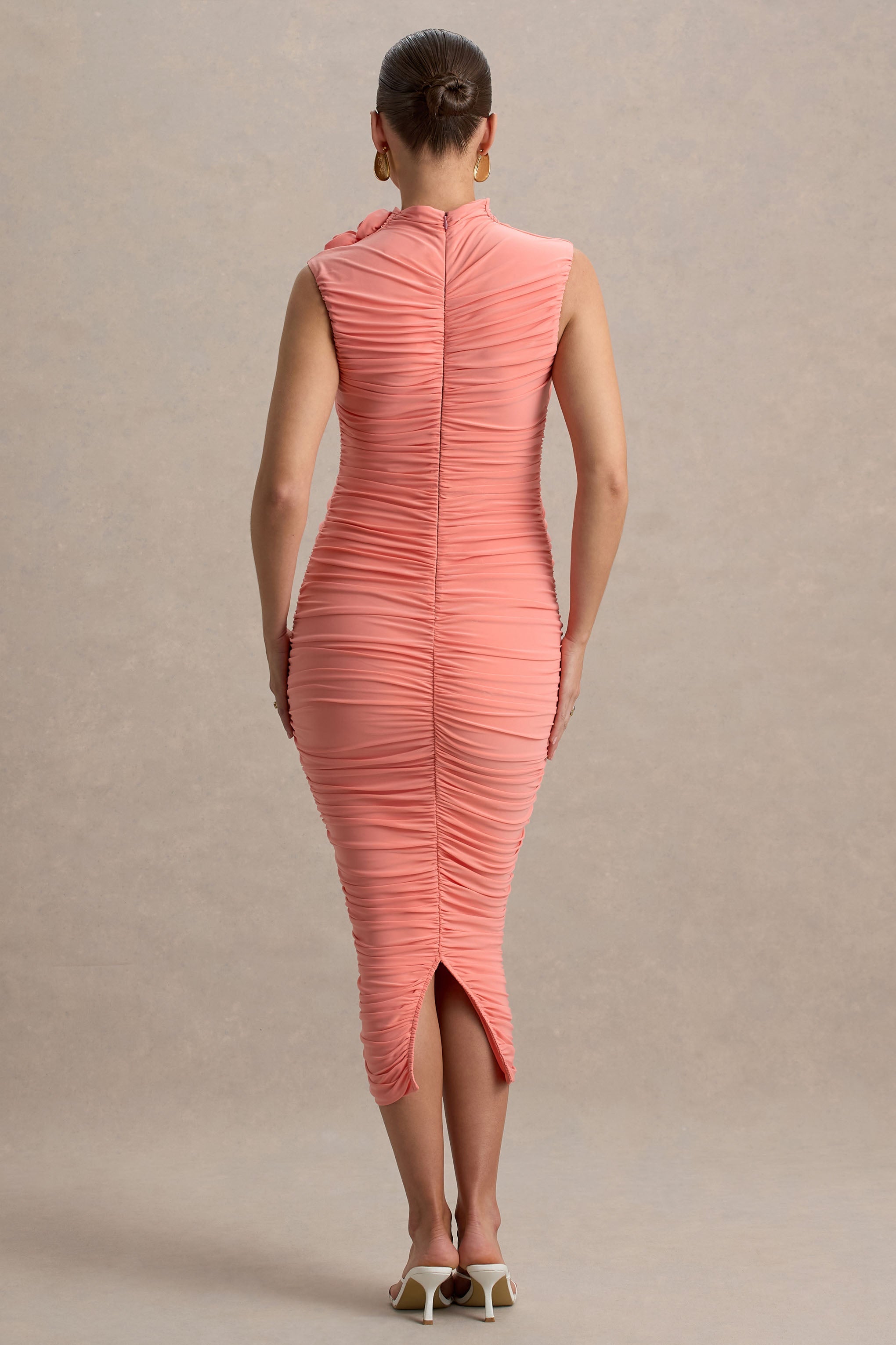 Shellie | Korsaj Detaylı Mercan Renk Yüksek Yaka Hamile Midi Elbise