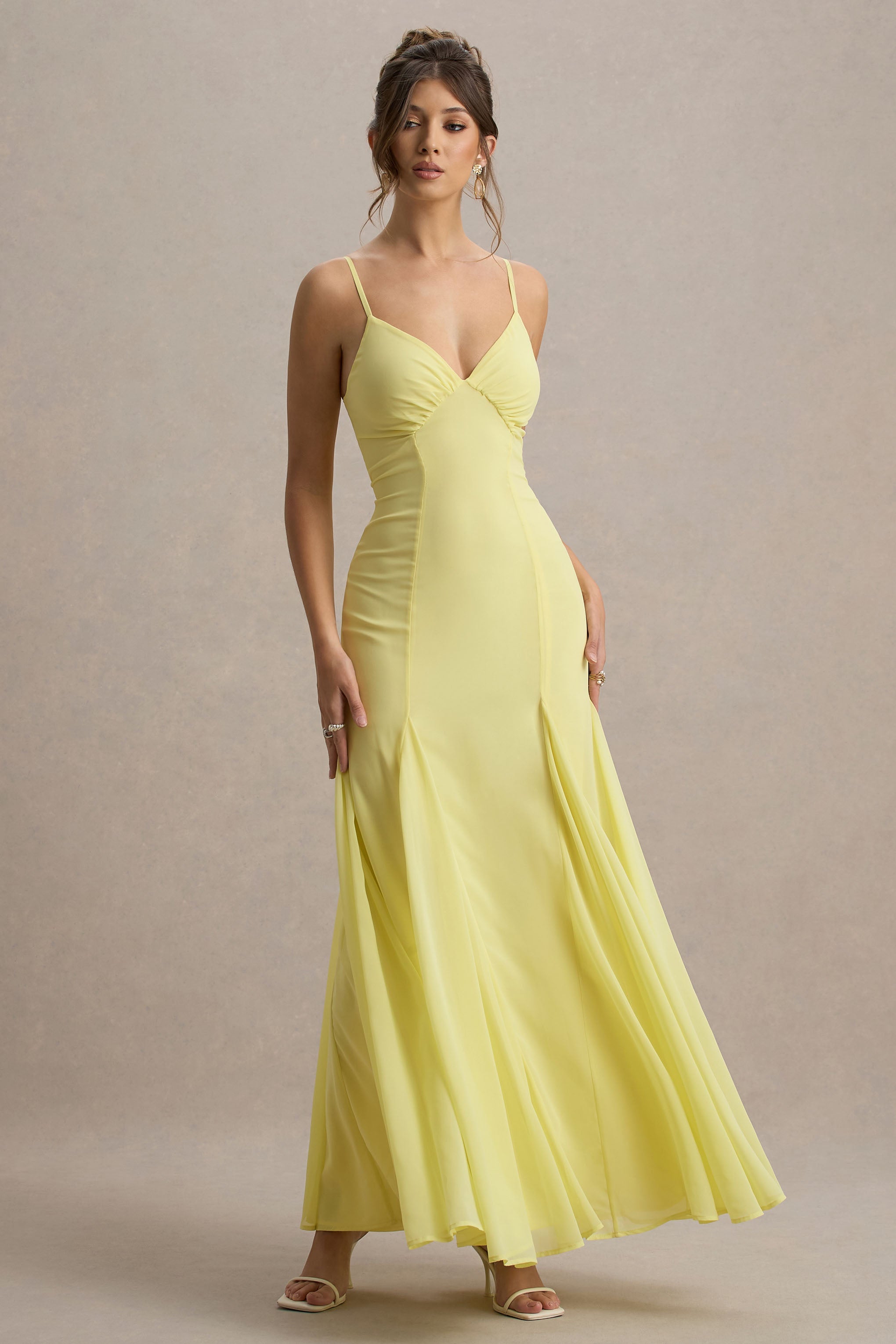 Massie | Hacimli Kenar Detaylı Limon Chiffon Askılı Maxi Elbise