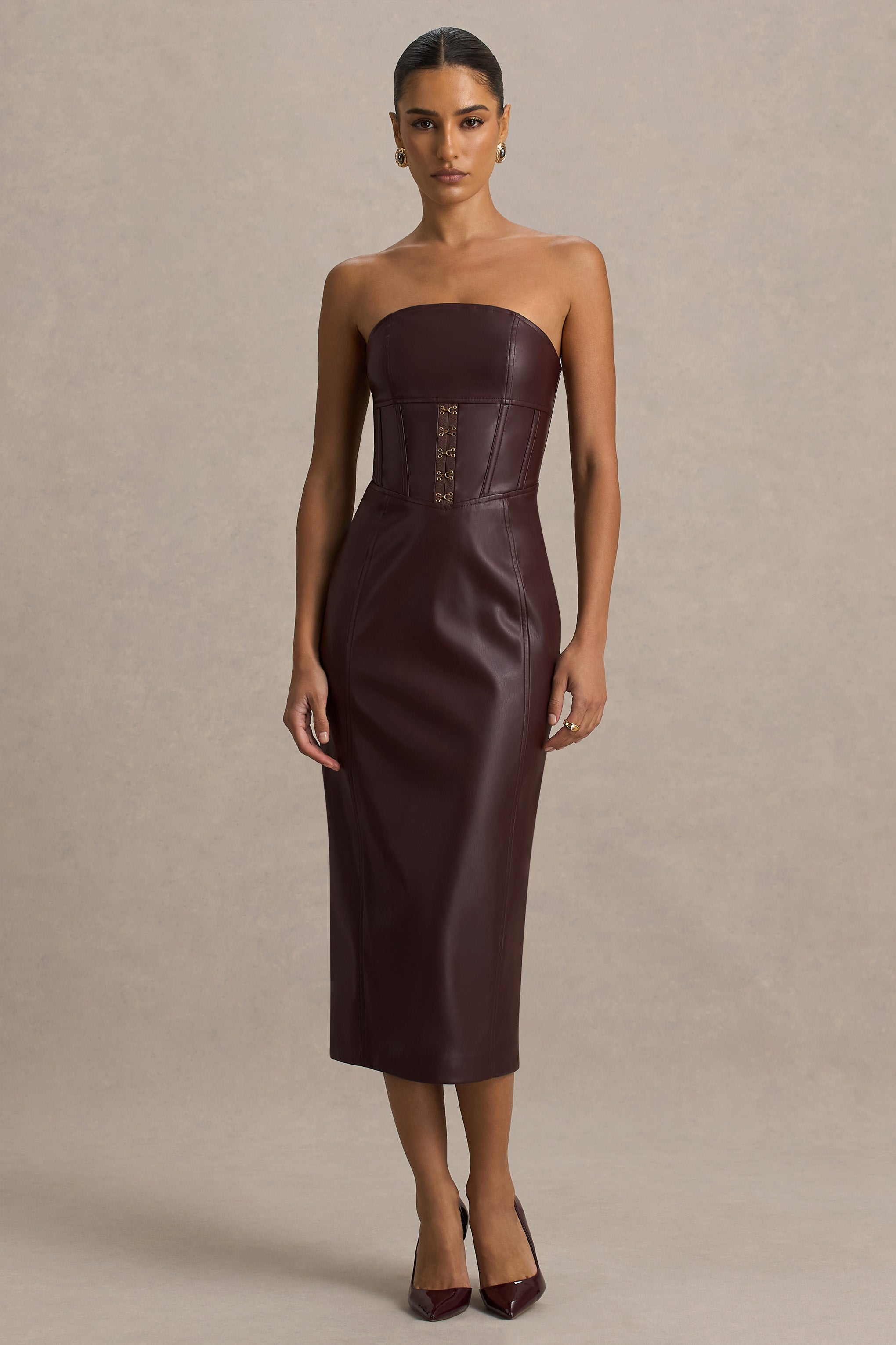 Zola | Bordo Suni Deri Bandeau Midi Elbise