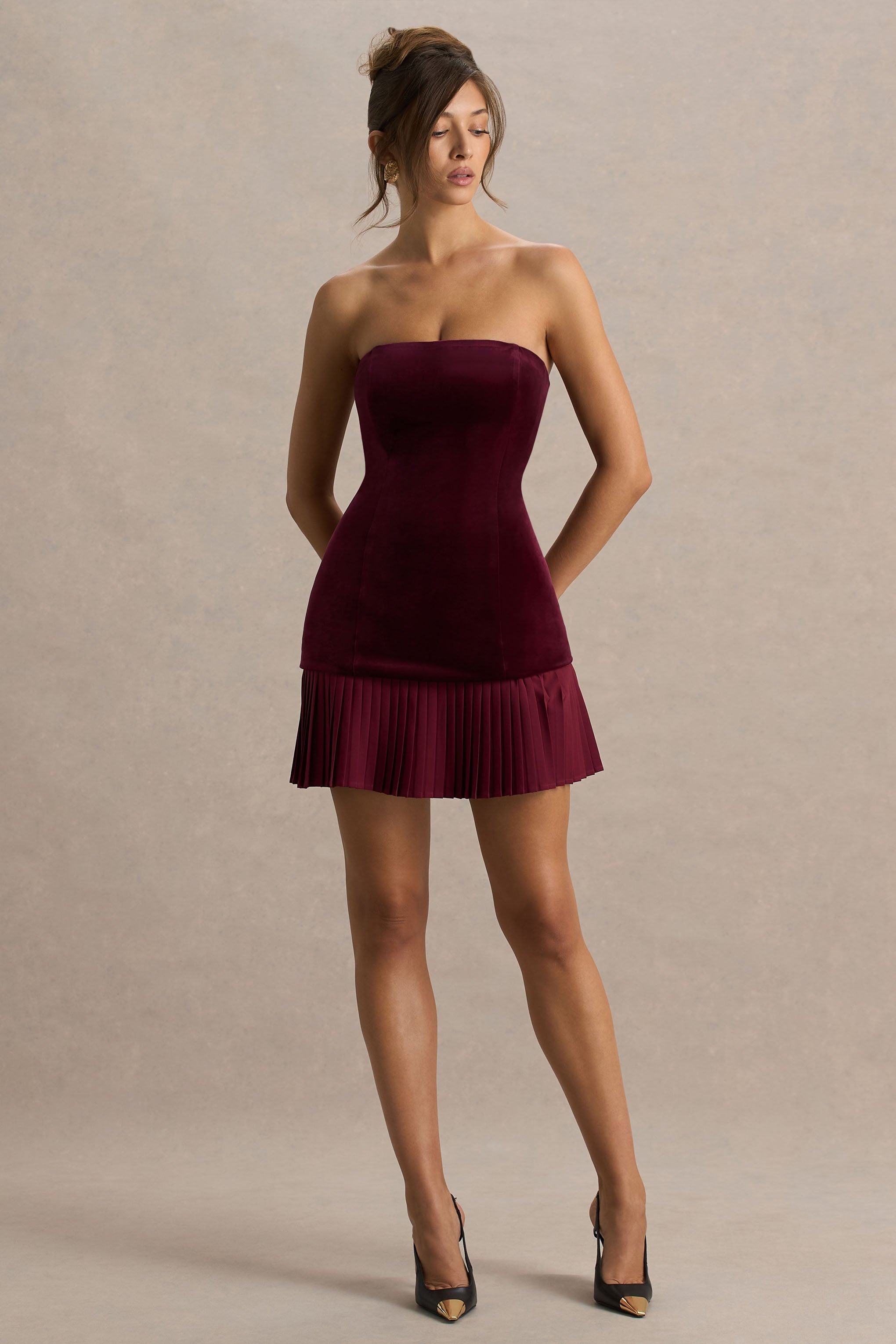 Valentina | Bordo Bandeau Kadife Mini Elbise Fırfırlı Detaylarla