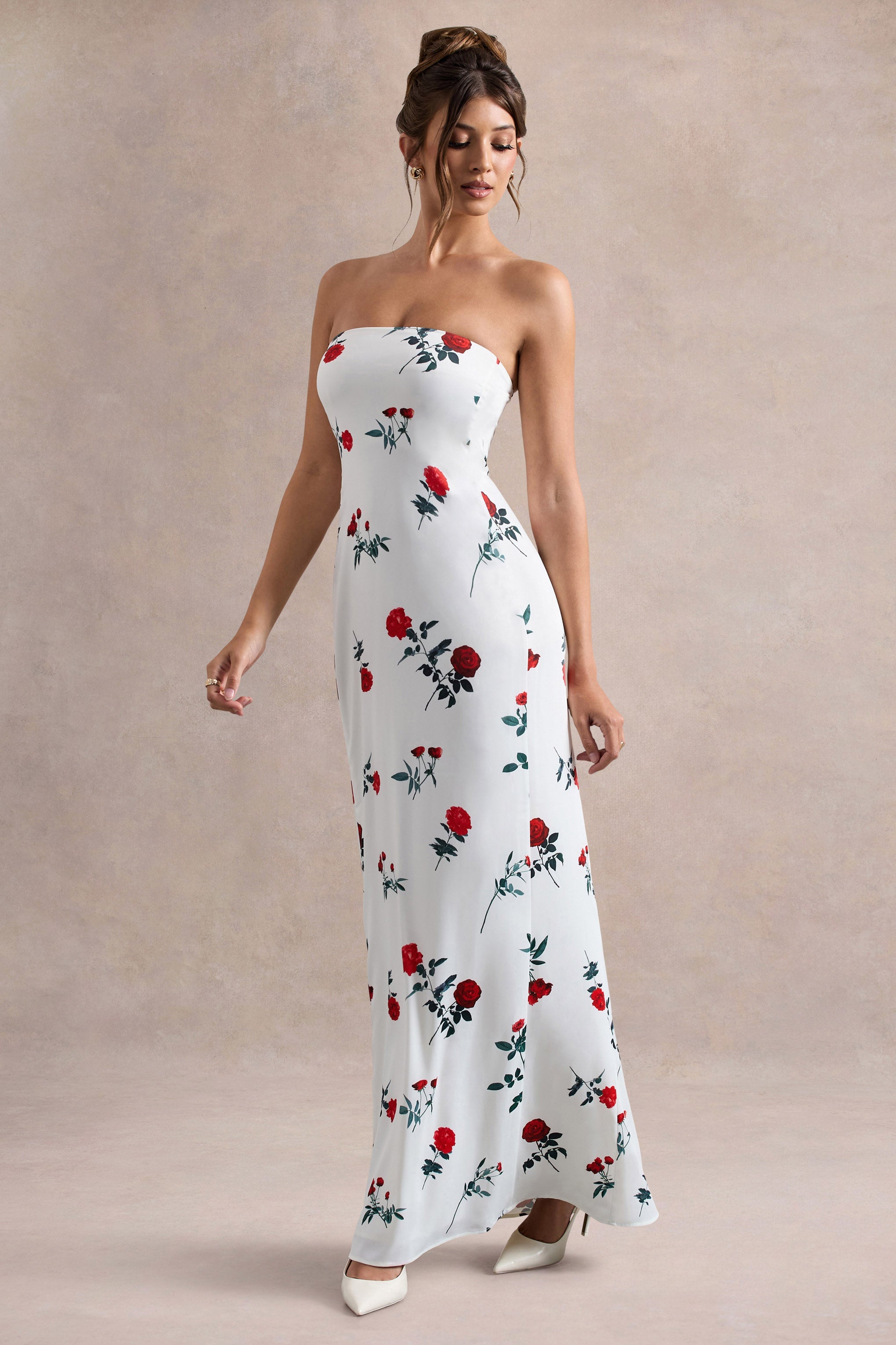 Azra | Gül Desenli Saten Bandeau Maxi Elbise