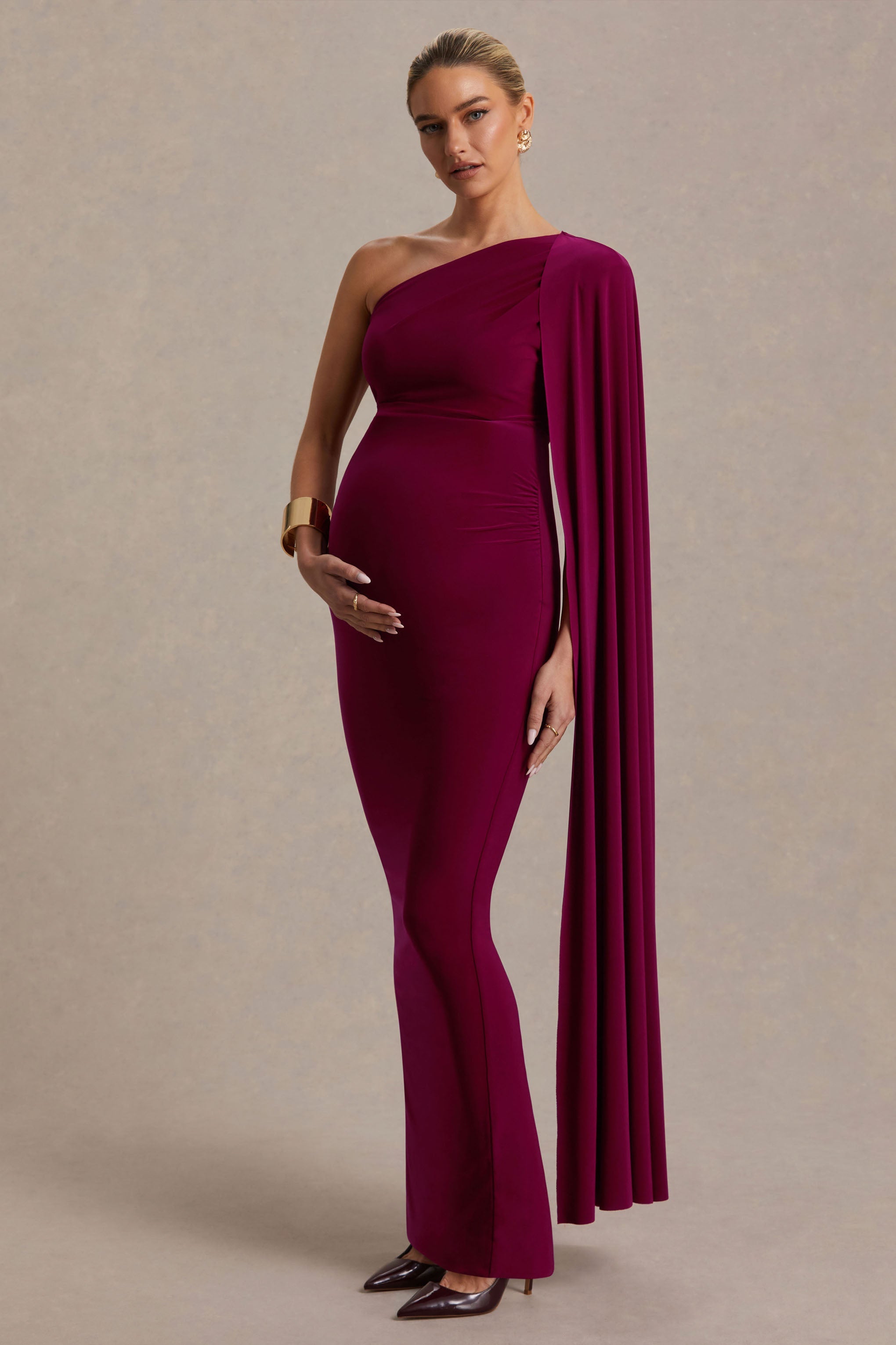 Amaryllis | Berry Hamile Tek Omuzlu Maxi Elbise ile Pelerin Kol