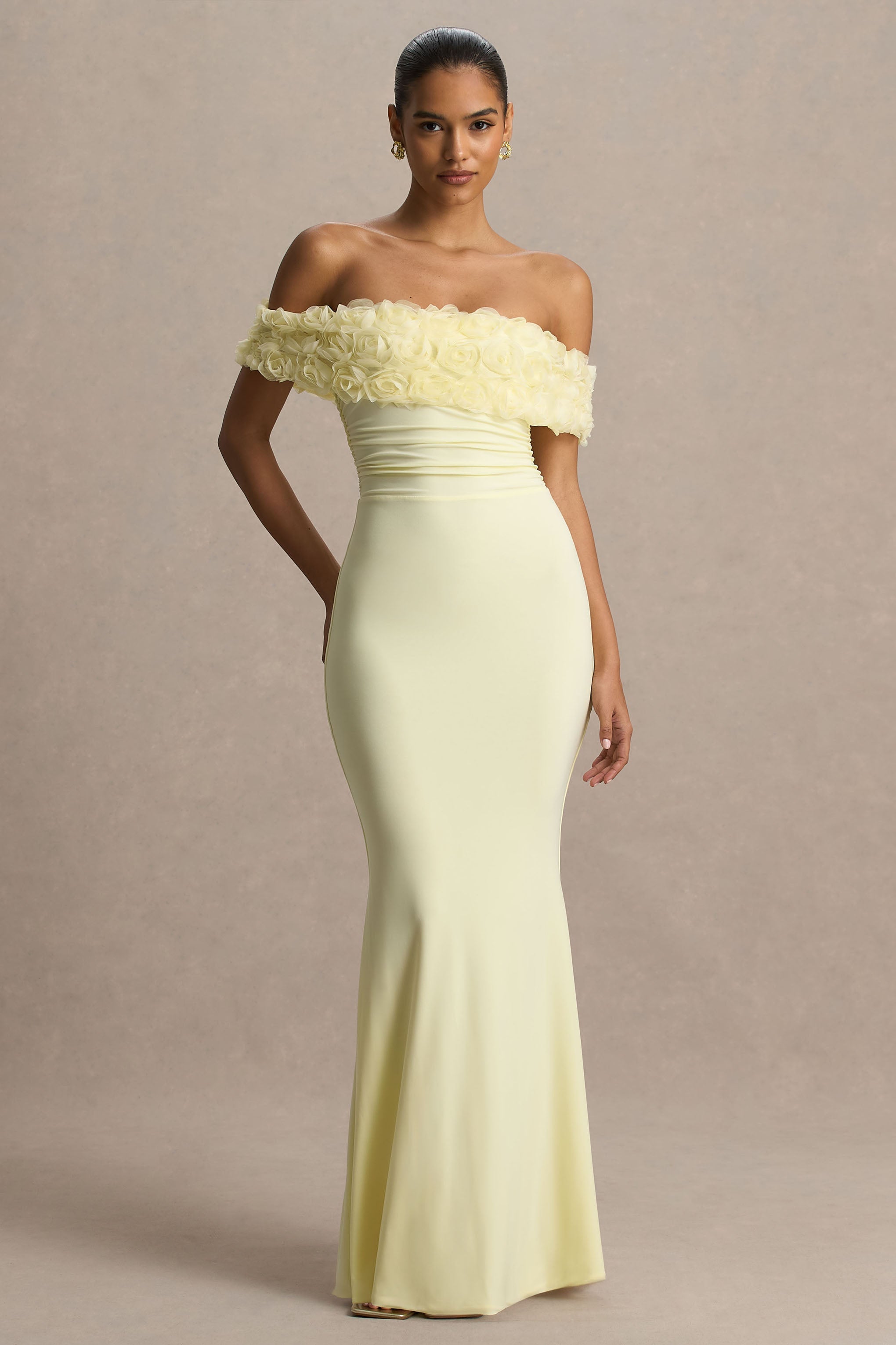 Pastille | Şifon Detaylı Limon Çiçekli Bardot Maxi Elbise