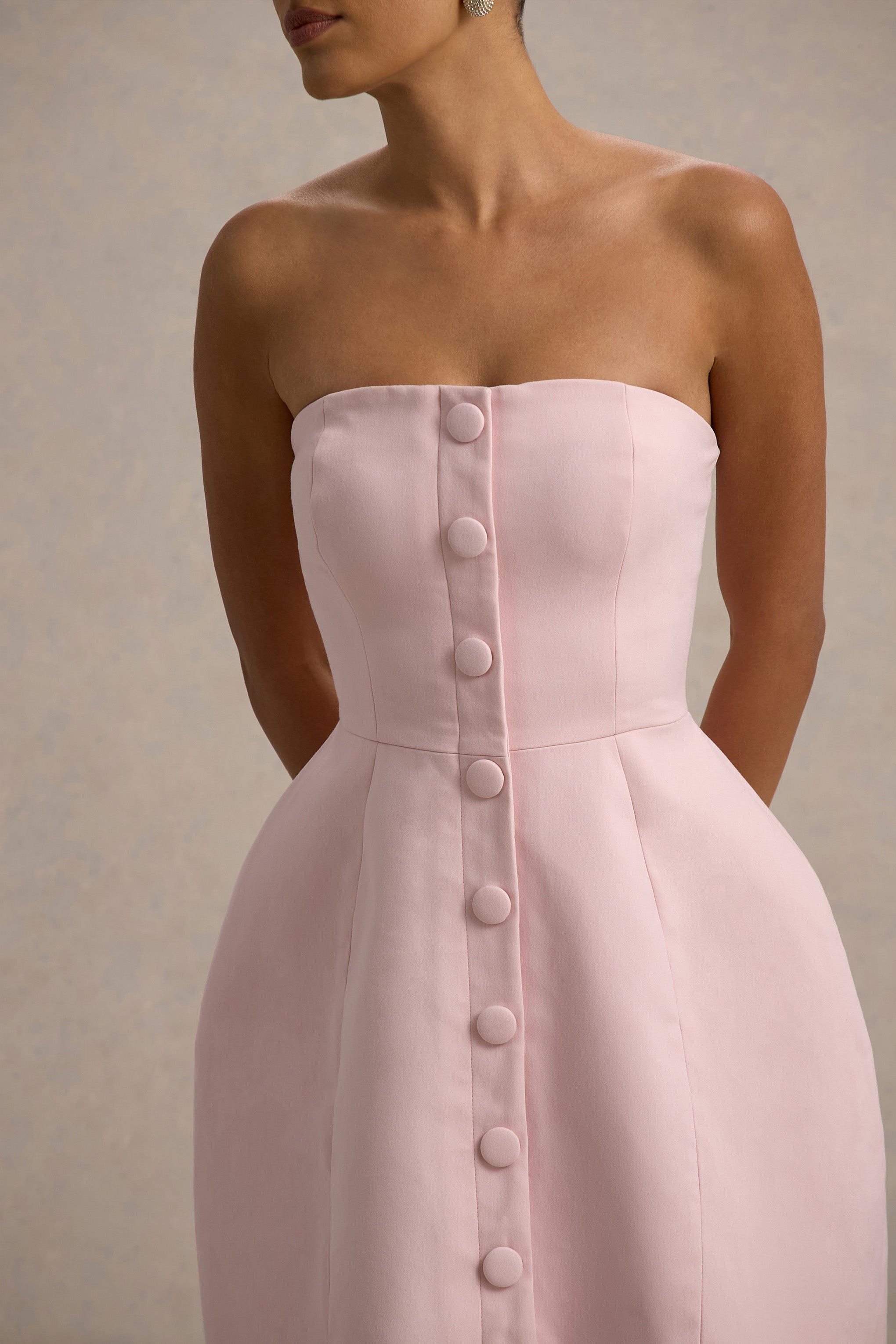 Anniston | Pembe Bandeau Kesim Butonlu Mini Elbise