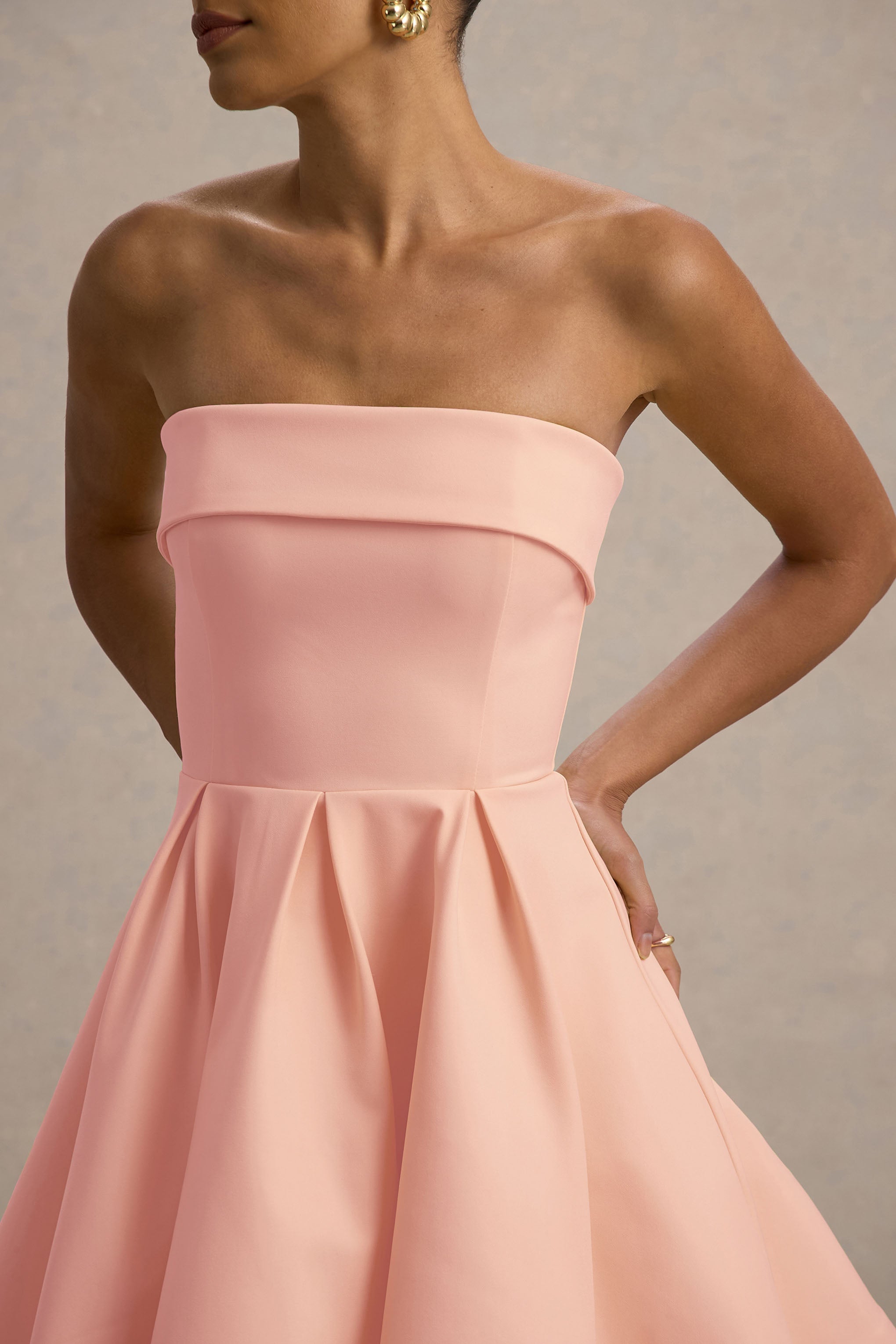 Bruna | Açık Pembe Bandeau Kayık Mini Elbise