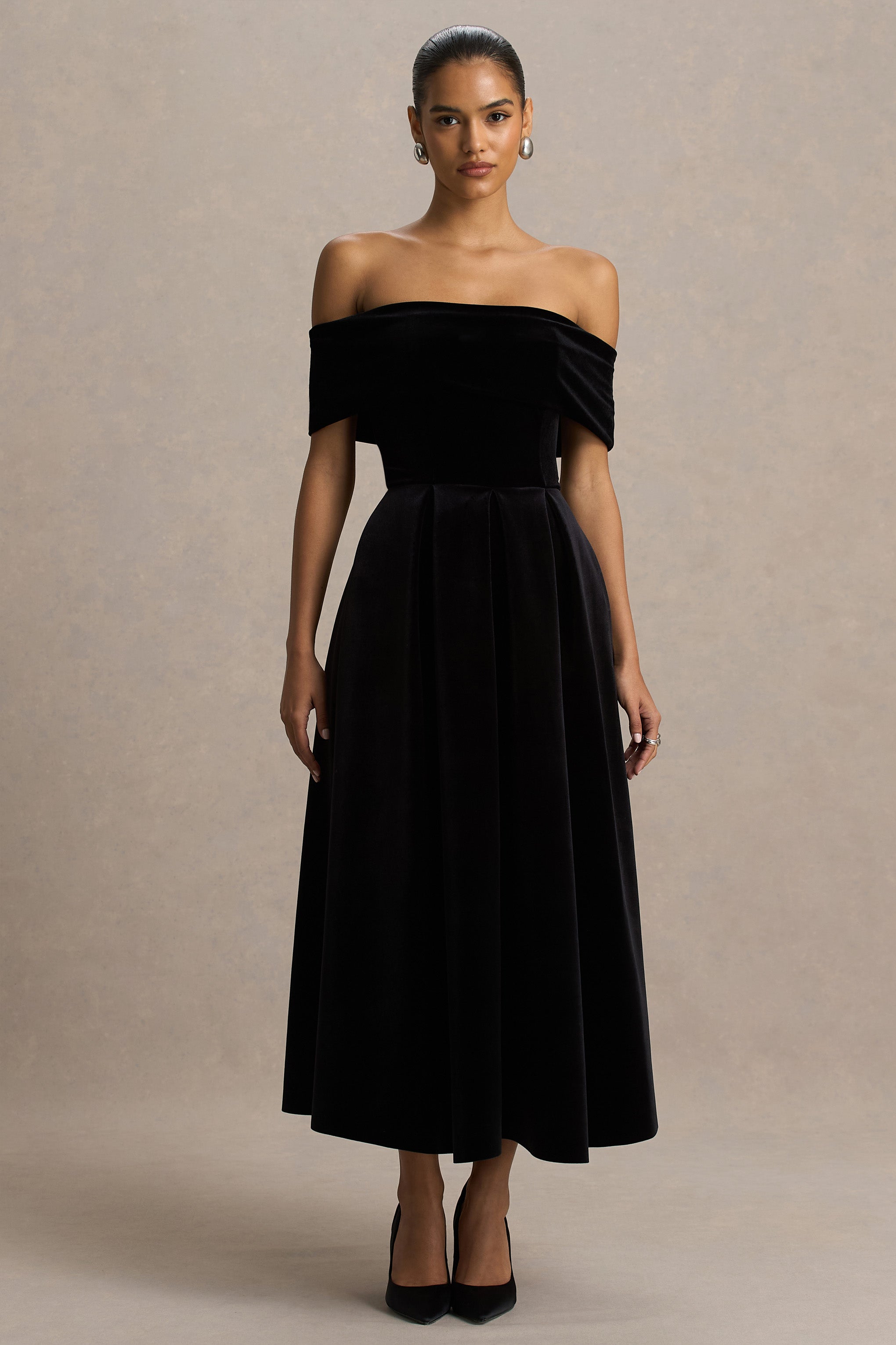 Ablaze | Siyah Kadife Bardot Yaka Maxi Elbise