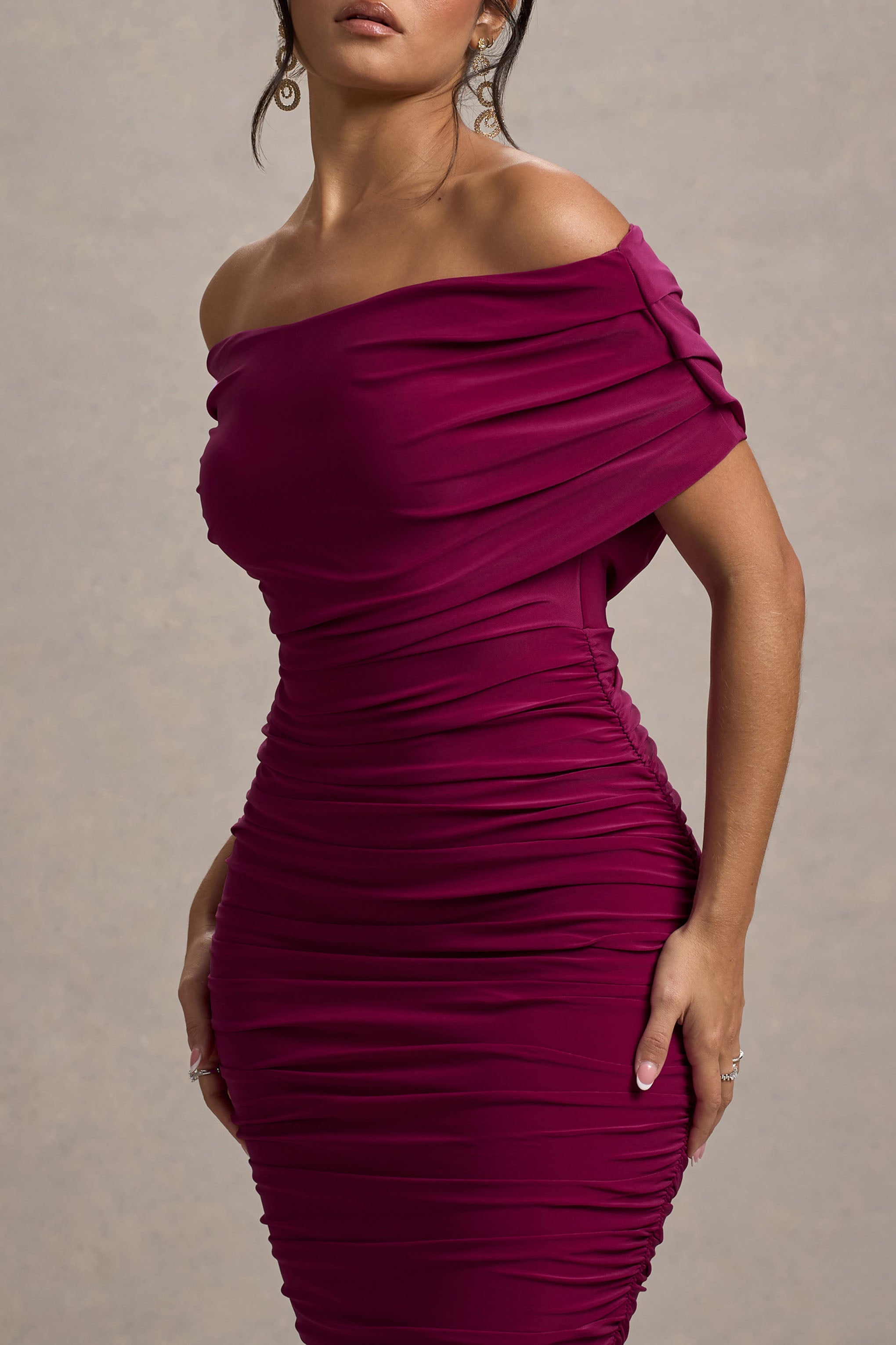 Rayleigh | Koyu Kiraz Bardot Dökümlü Midi Elbise