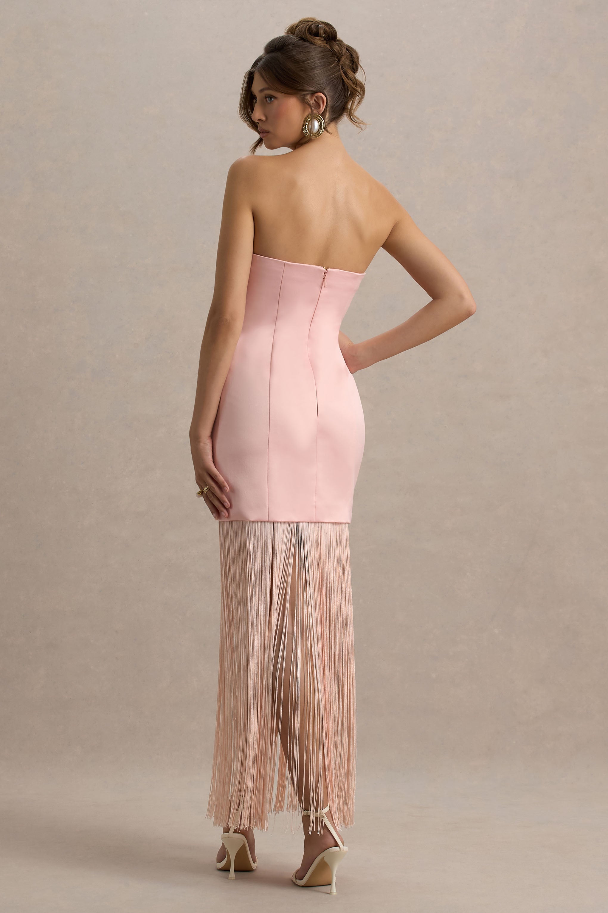 Trinity | Fransalı Pembe Saten Bandeau Maxi Elbise