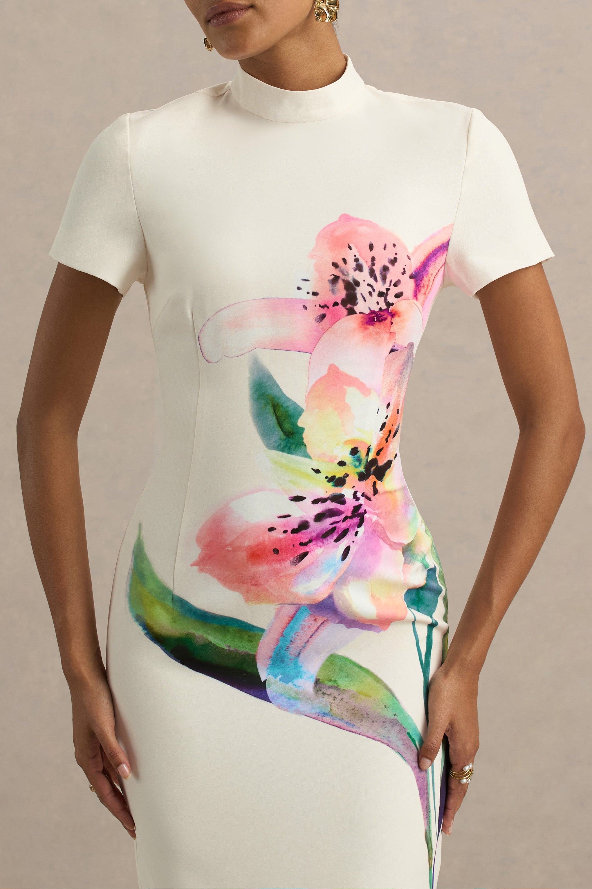 Hessie | Beyaz Zambak Desenli Yüksek Yaka Maxi Elbise