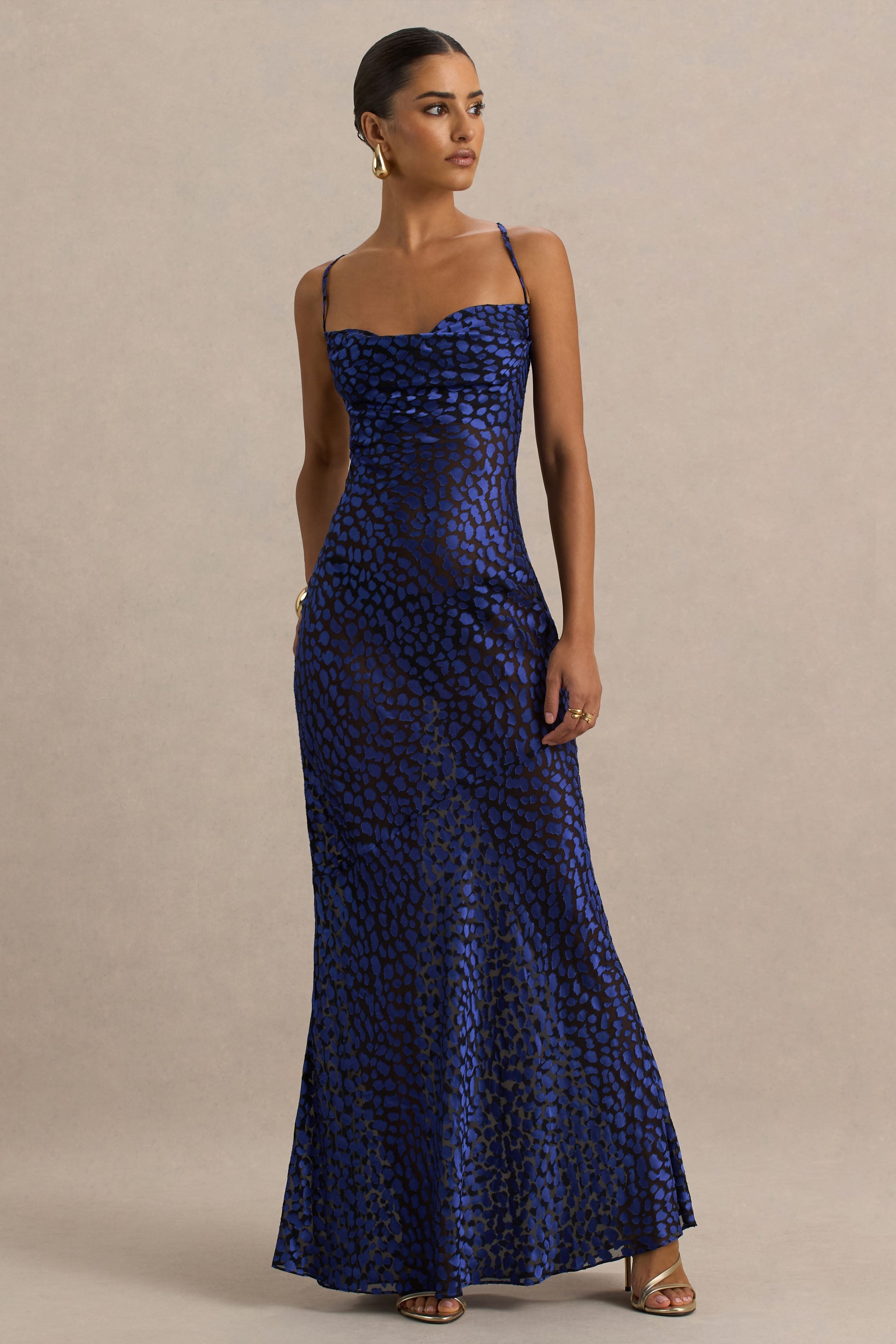 Marya | Mavi Leopar Desenli Cowl-Yaka Maxi Elbise