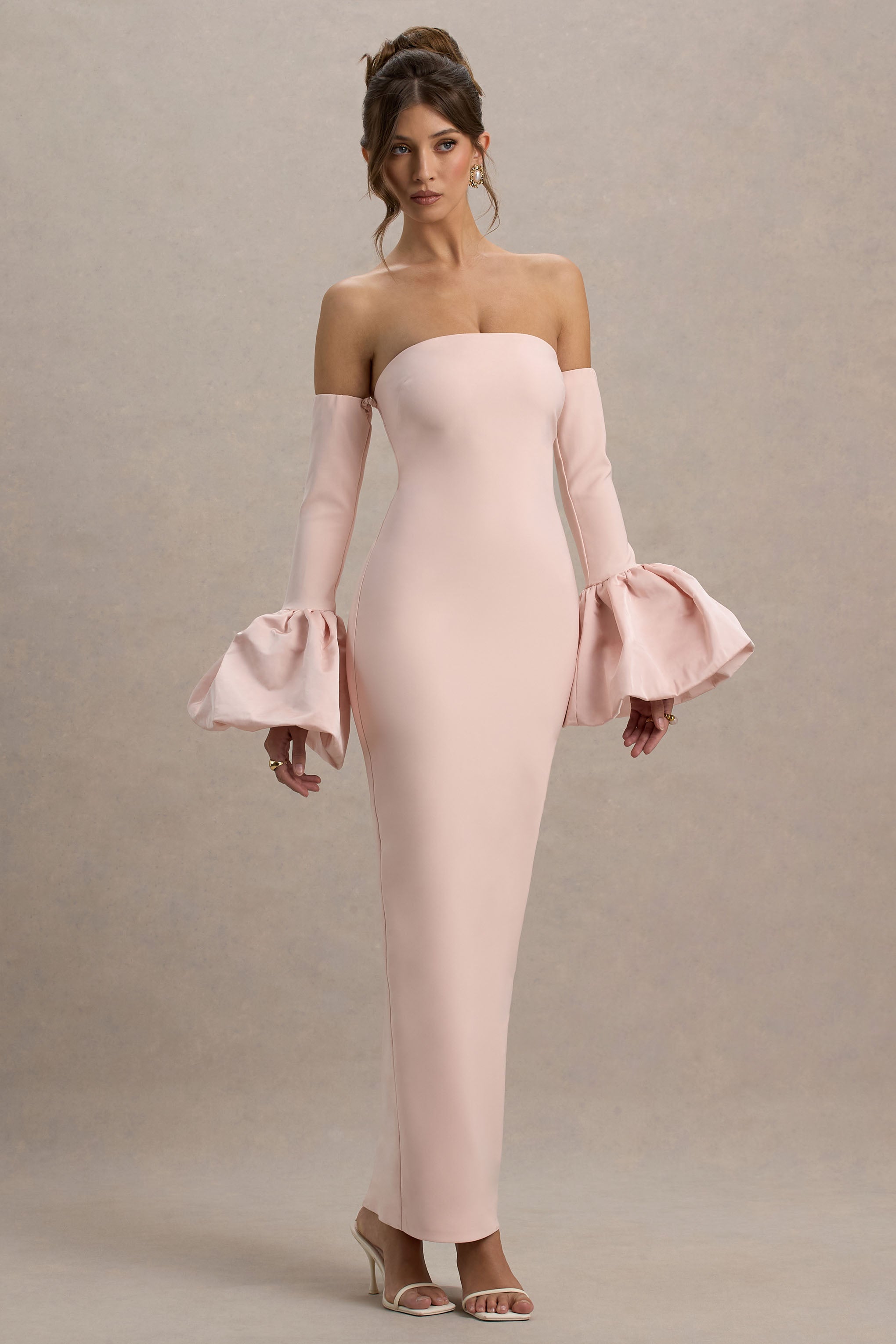 Myah | Pembe Bandeau Uzun Kollu Maxi Elbise Puff Manşetlerle