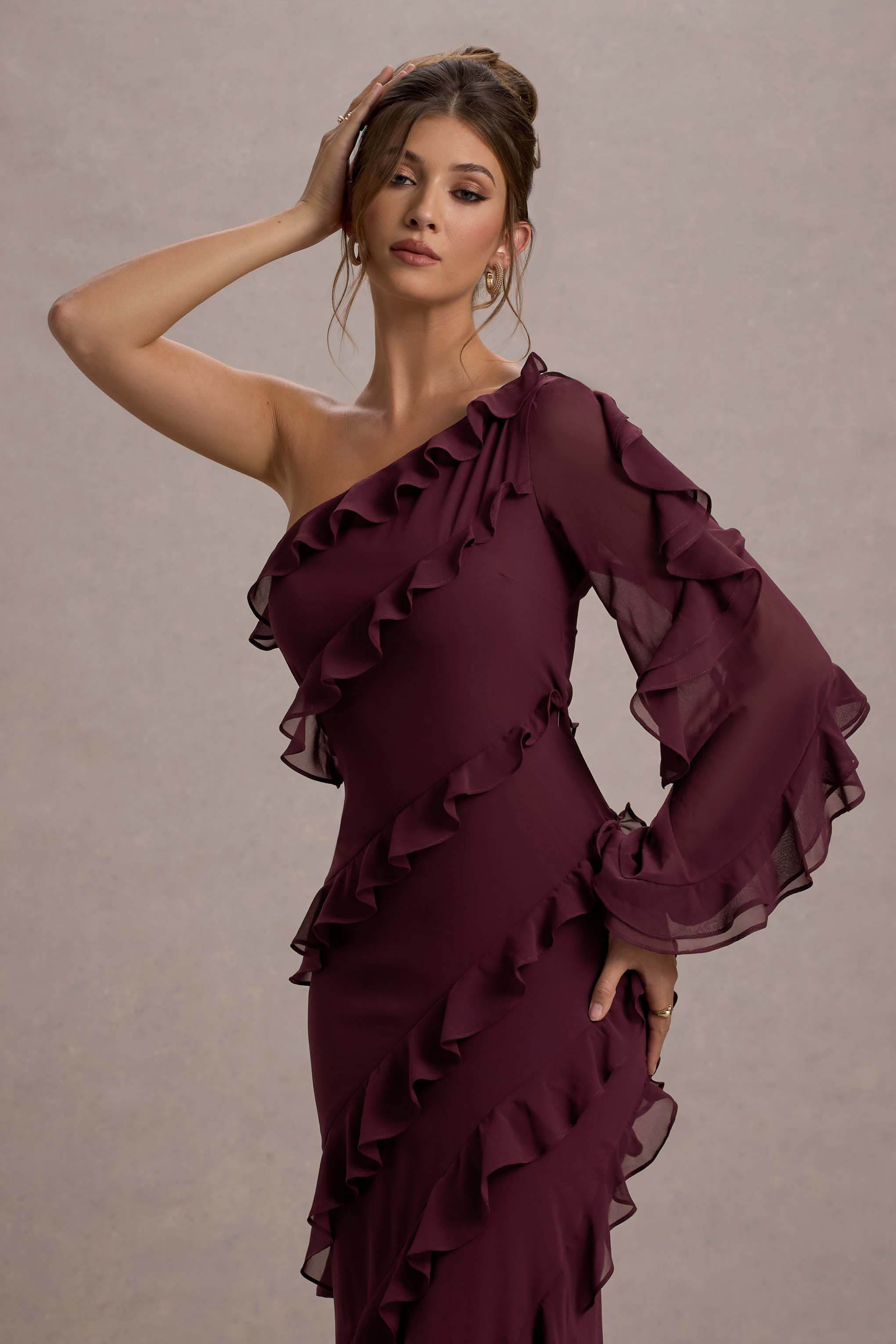 Lalika | Bordo Asimetrik Tek Kol Volanlı Maxi Elbise