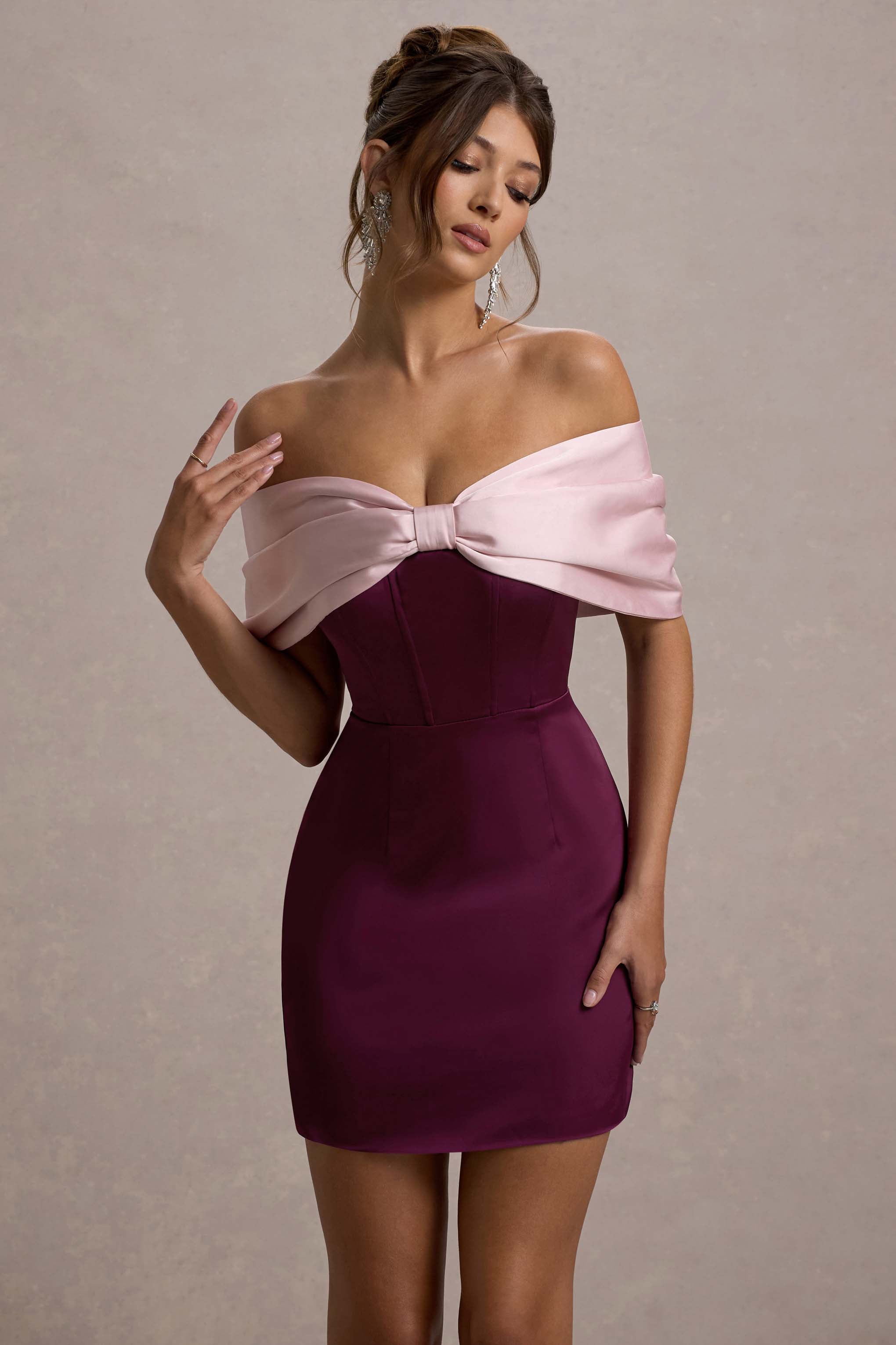 Linley | Bordo & Pembe Saten Fiyonk Bardot Mini Elbise