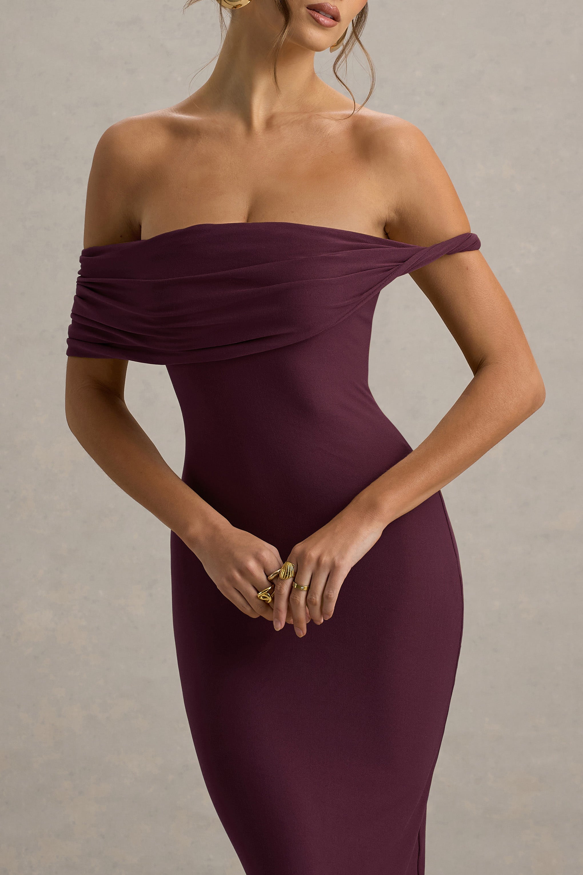 Melika | Bordo Kıvrımlı Bardot Maxi Elbise
