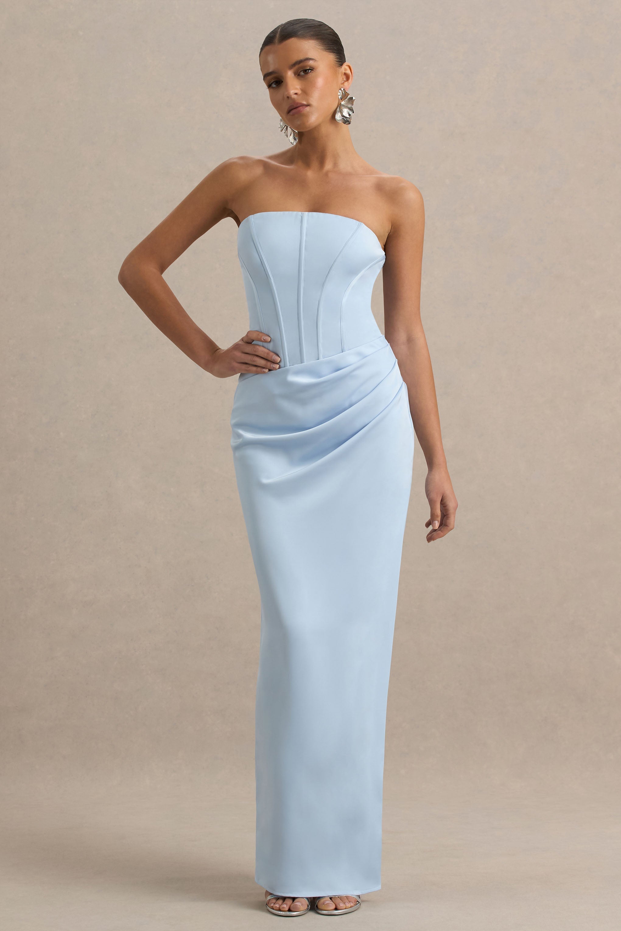 Joseline | Toz Mavi Saten Korse Sarma Maxi Elbise Fular ile