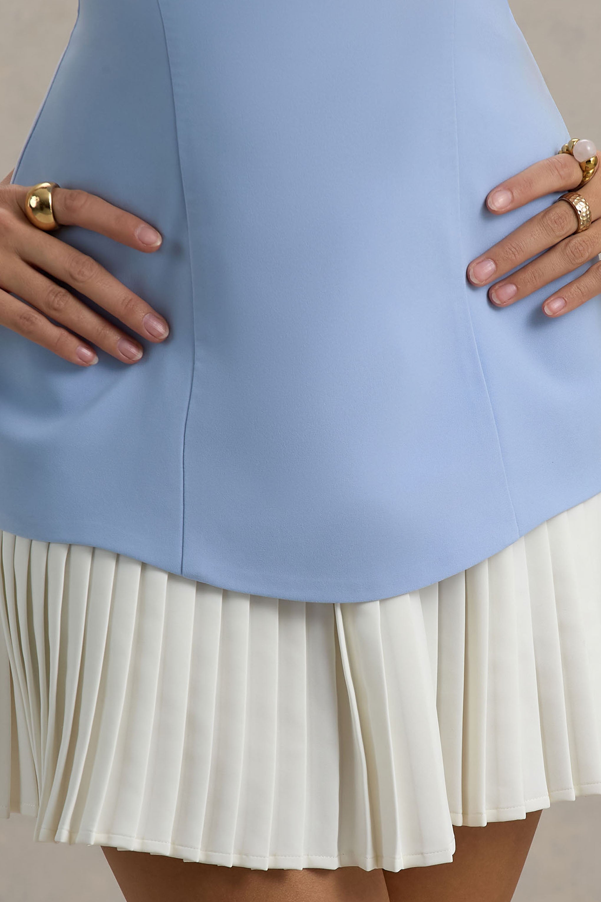 Sonbahar | Pileli Pudra Mavi Bandeau Mini Elbise