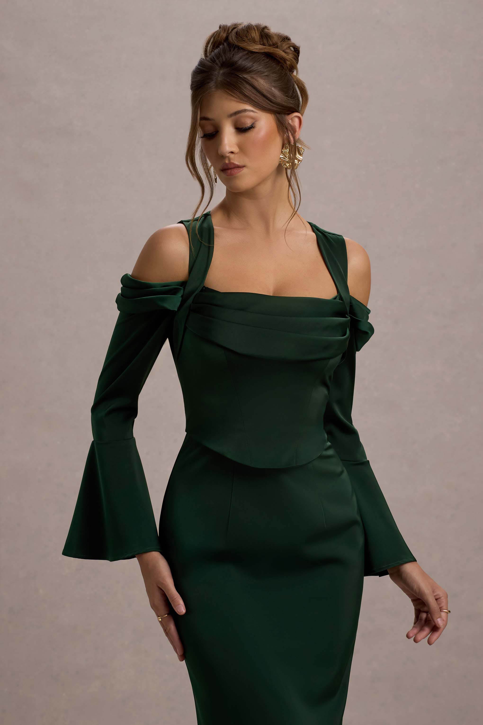 Heartthrob | Yeşil Saten Drapeli Bardot Maxi Elbise
