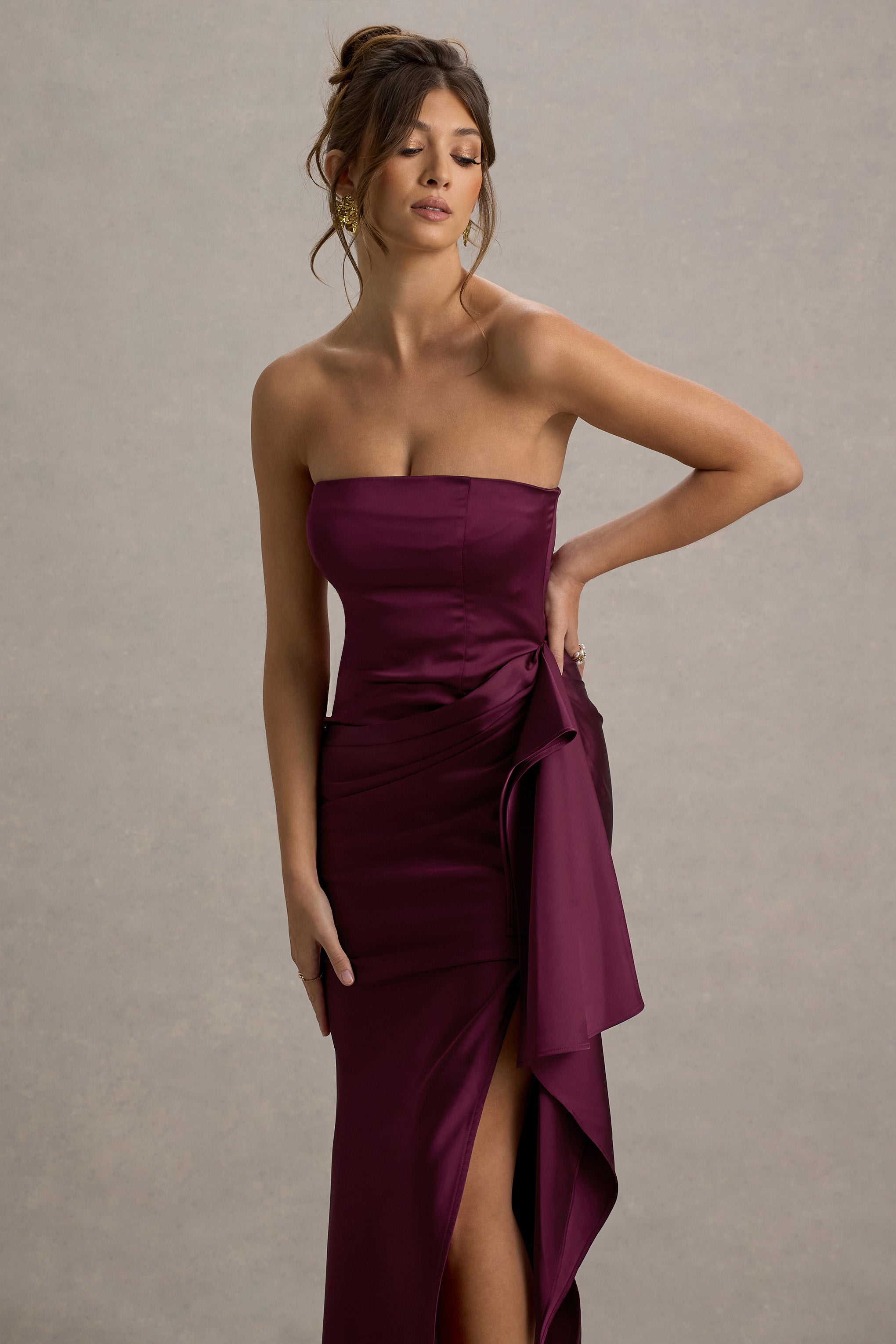 Loz | Bordo Saten Bandeau Drapeli Maxi Elbise