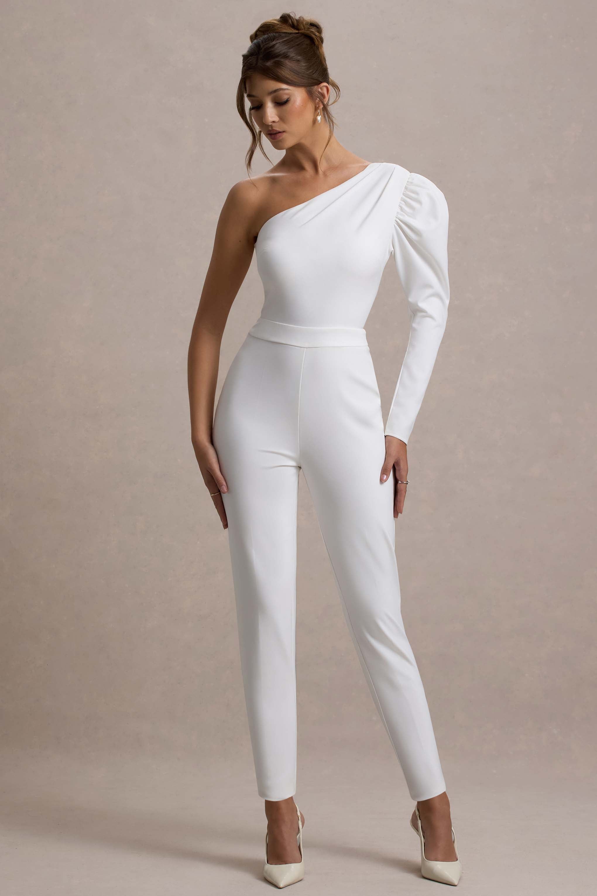 San Jose | Beyaz Tek Omuz Puff-Sleeve Tulum