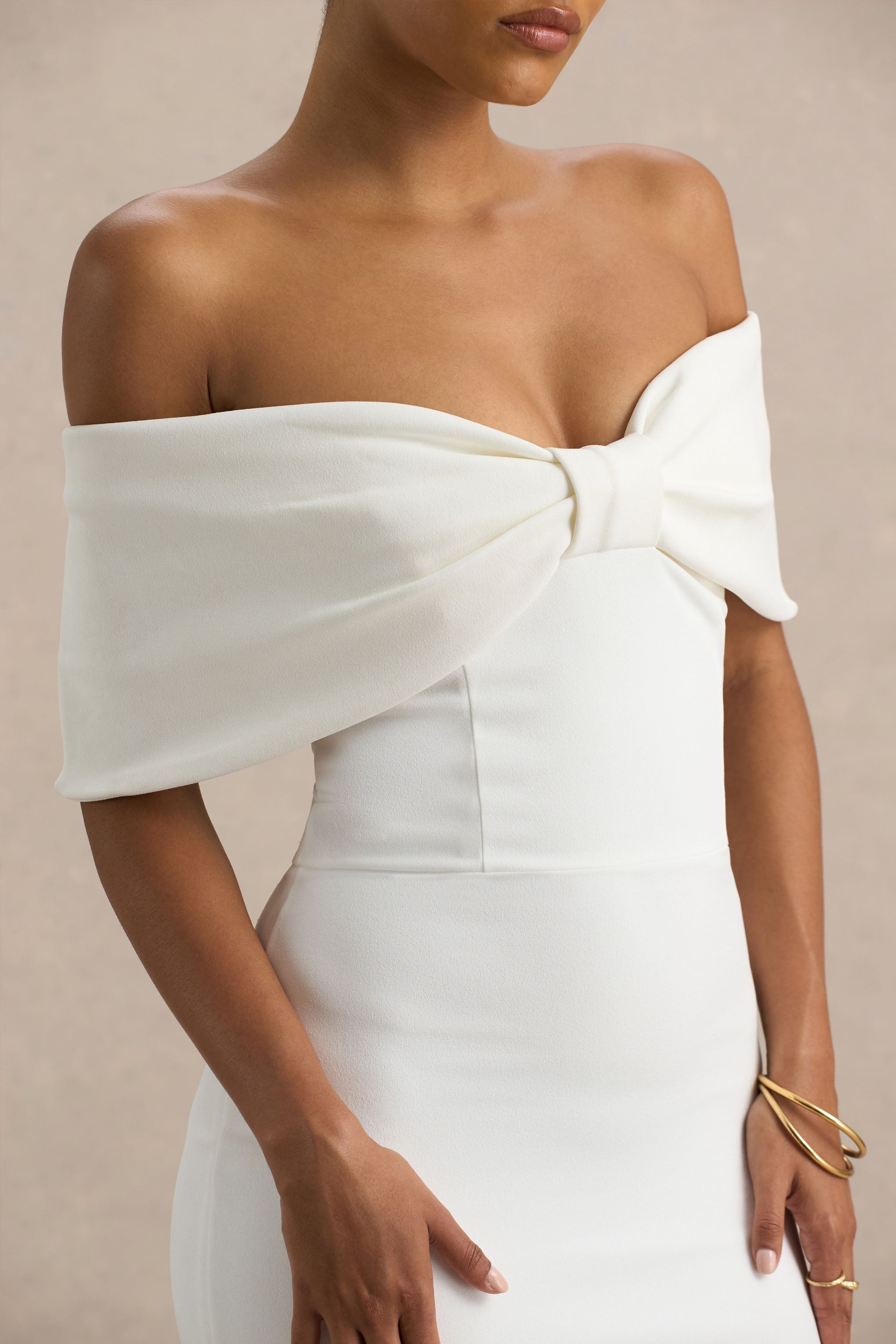 Bayshore | Beyaz Kemerli Bardot Midi Elbise