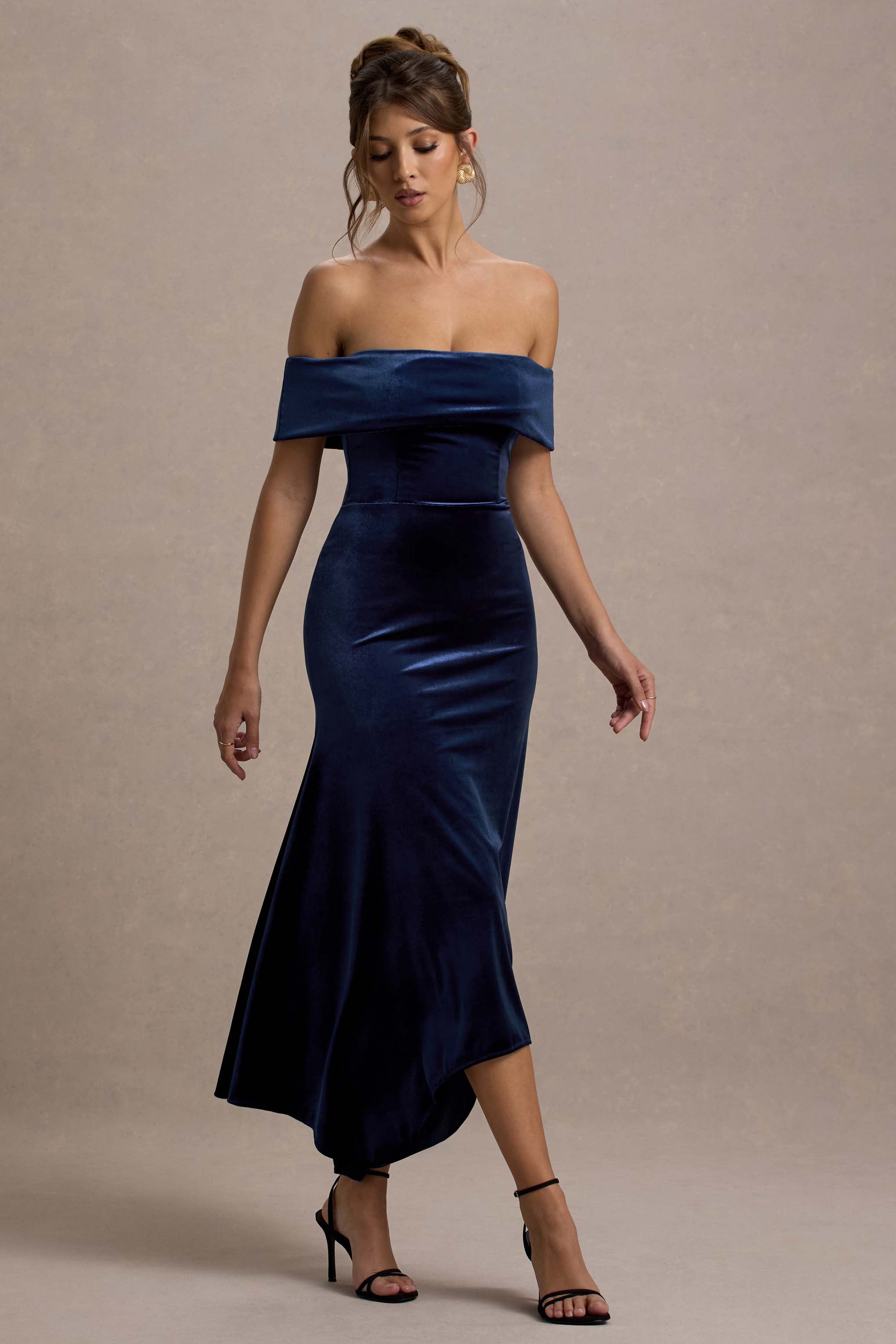 Halia | Lacivert Kadife Bardot Midi Elbise
