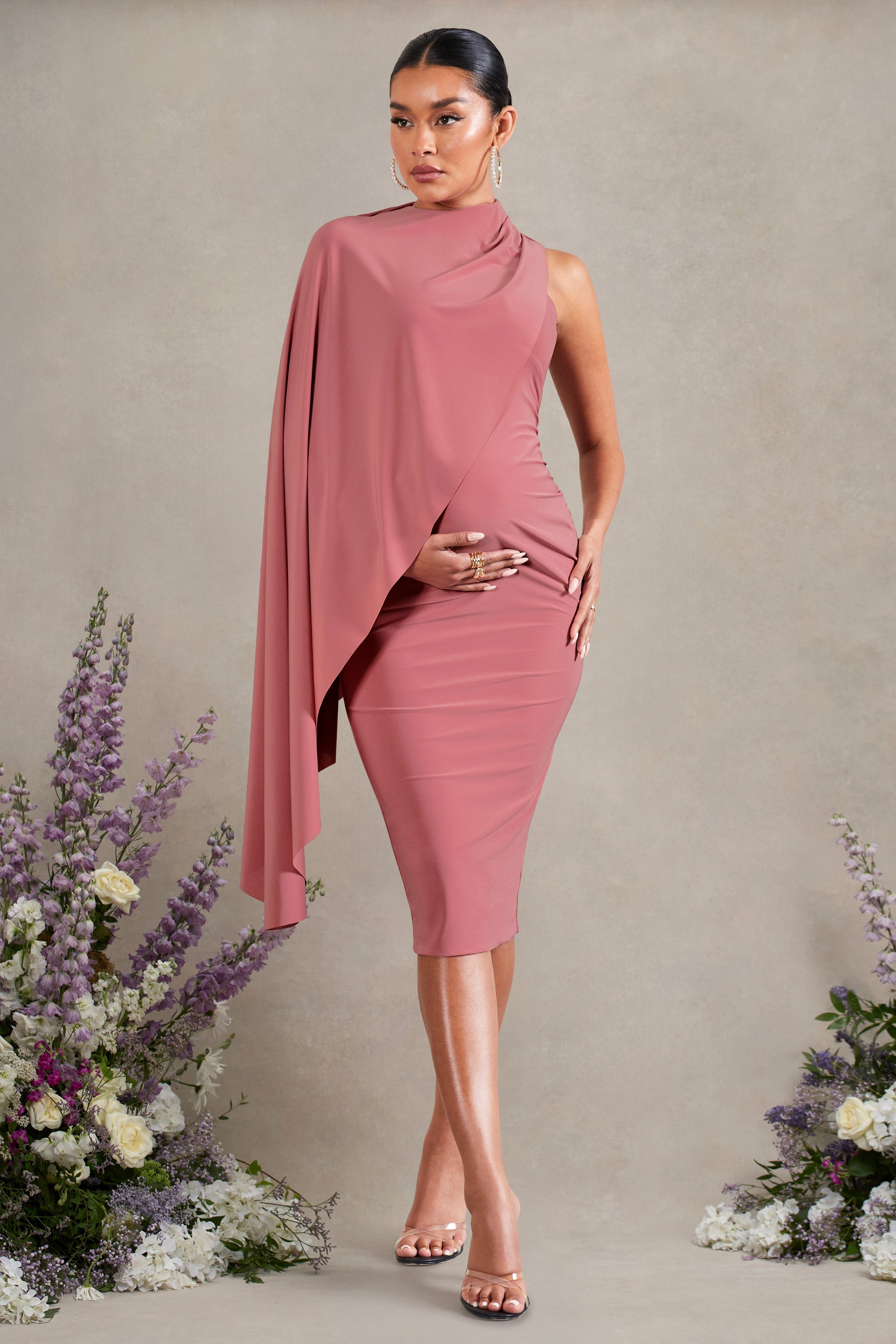 Yeni Bölüm | Pembe Asimetrik Hamile Midi Elbise Pelerin ile