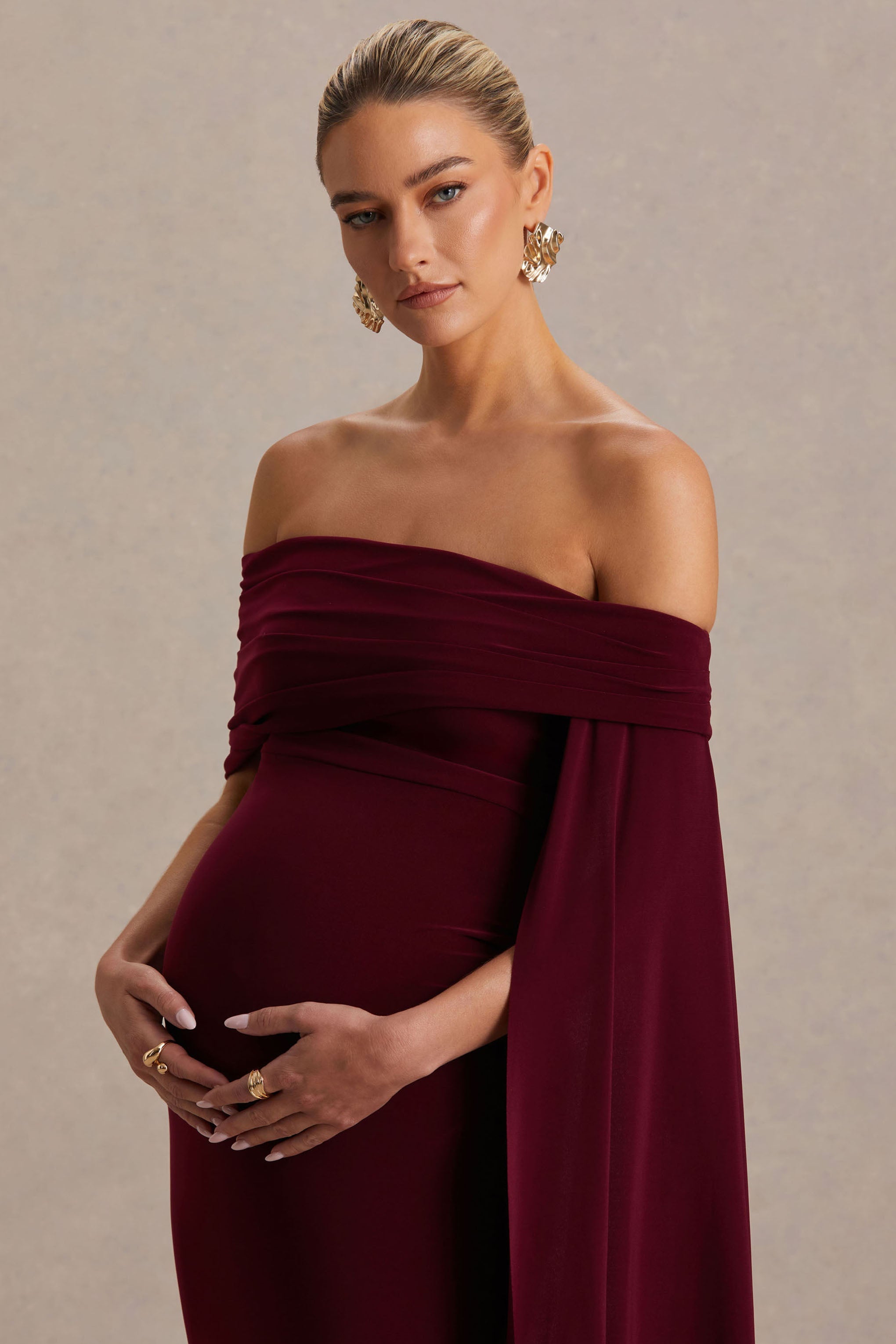 Aquila | Bordo Bardot Hamile Maxi Elbise Drape Kol ile