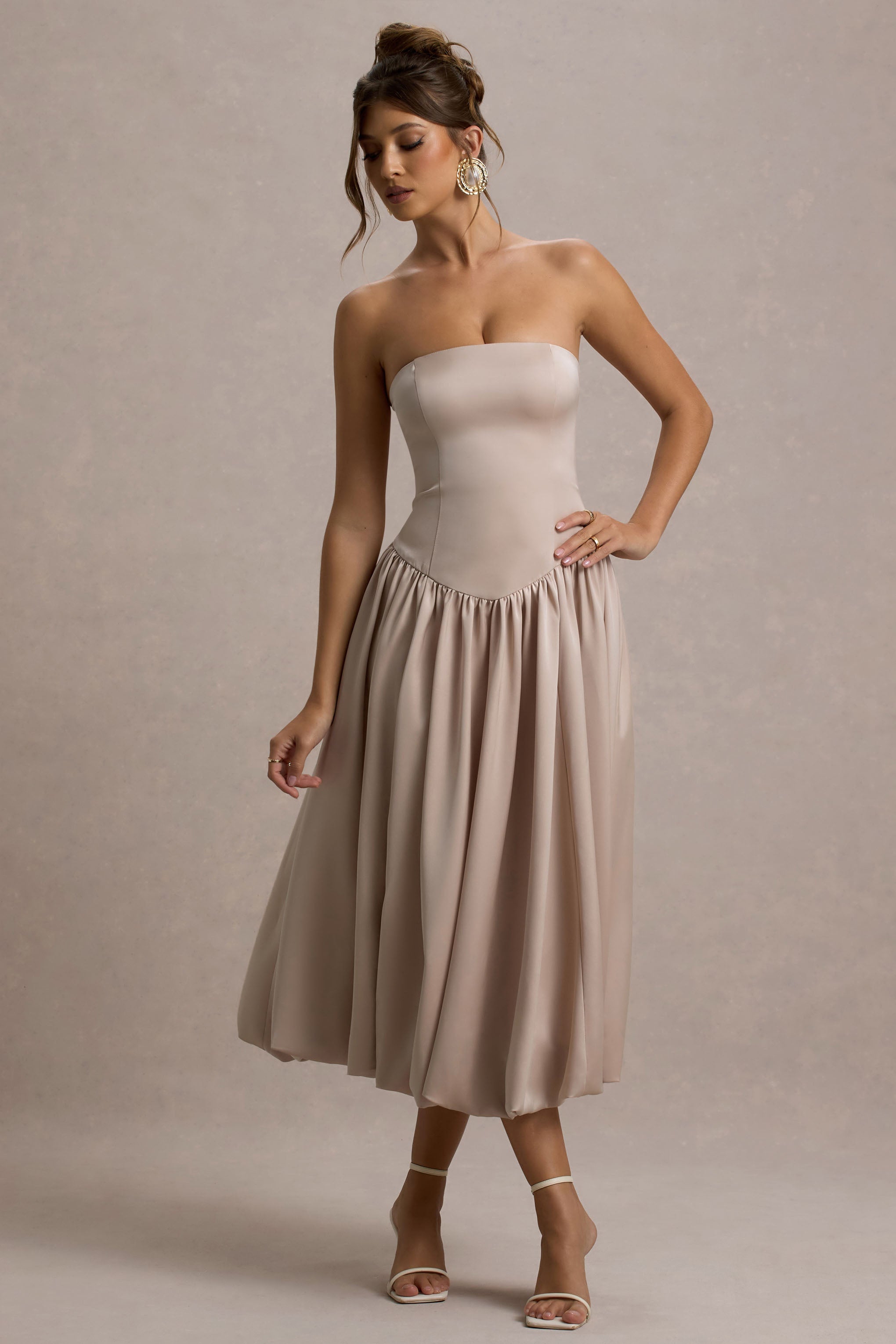 Keyton | Şampanya Saten Bandeau Midi Elbise
