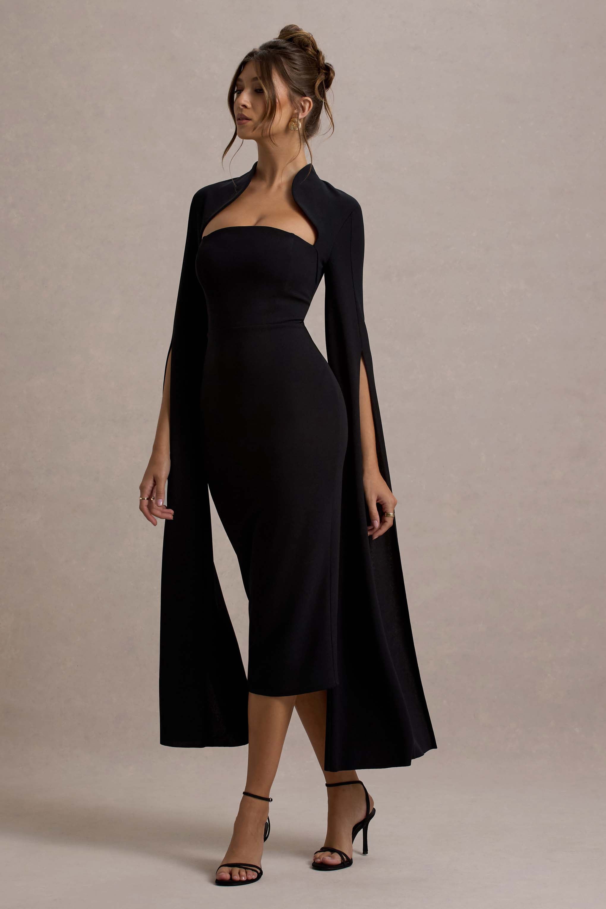 Linden | Siyah Bodycon Kapağı Kısa Midi Elbise