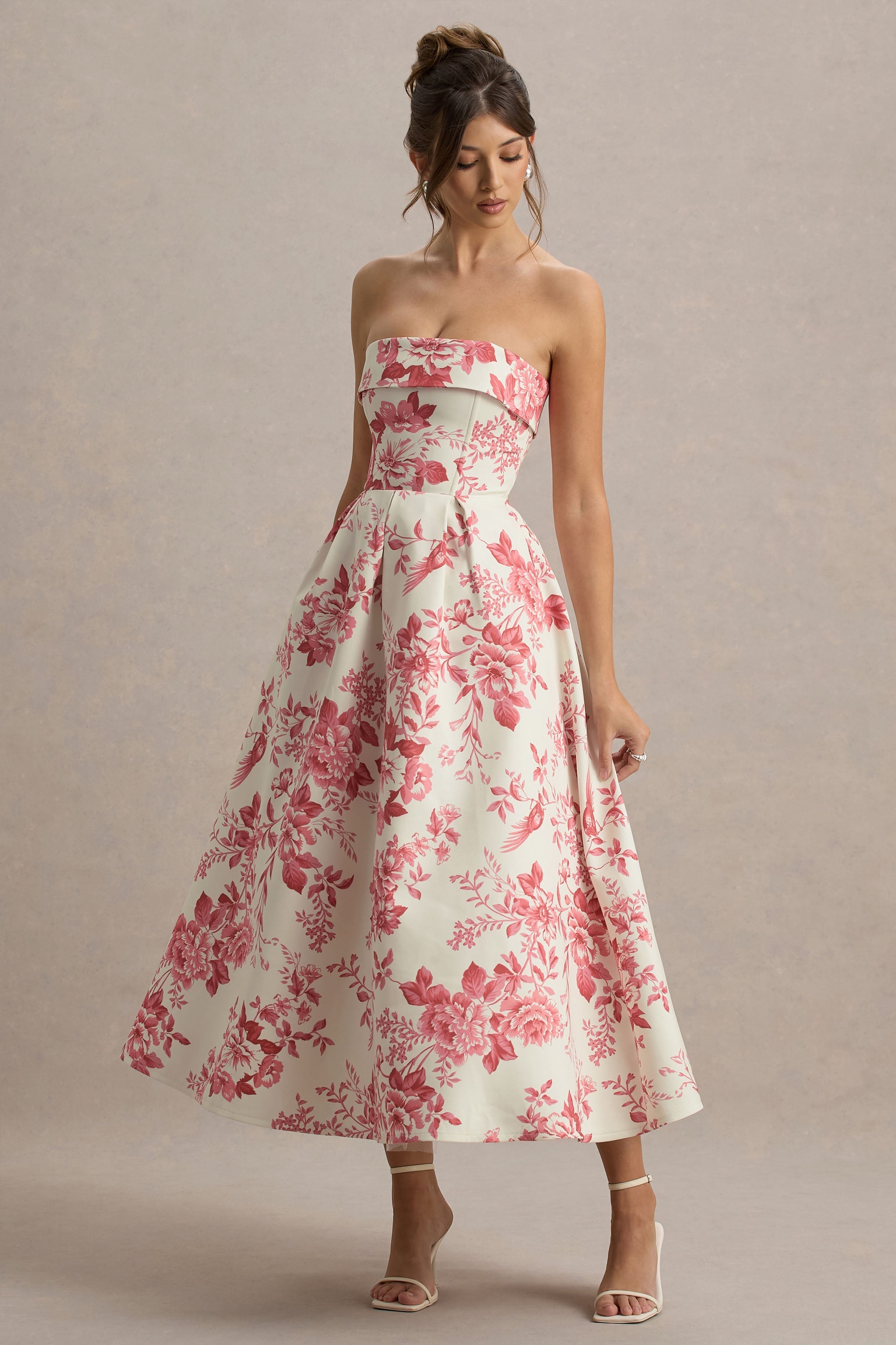 Annalise | Pembe Porselen Desenli Bandeau Skater Midi Elbise