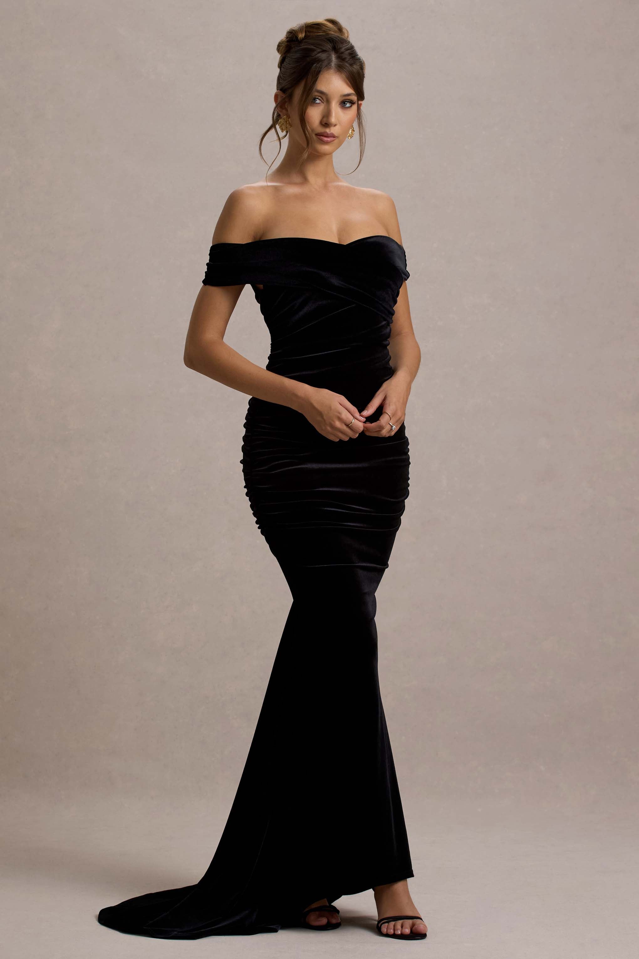 Apolline | Siyah Kadife Off The Shoulder Ruching Fishtail Maxi Elbise