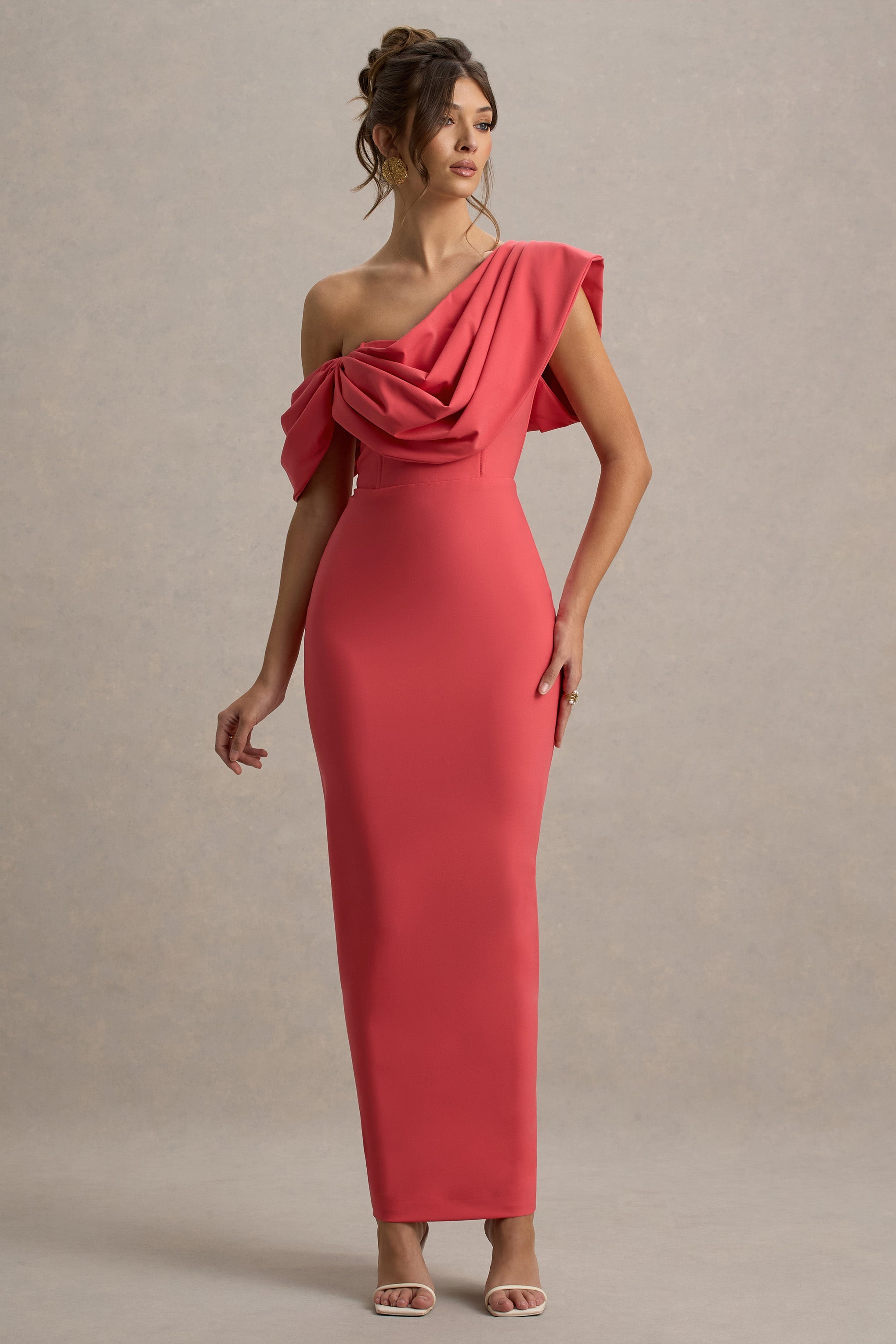 Angelina | Pembe Drapeli Omuz Maxi Elbise