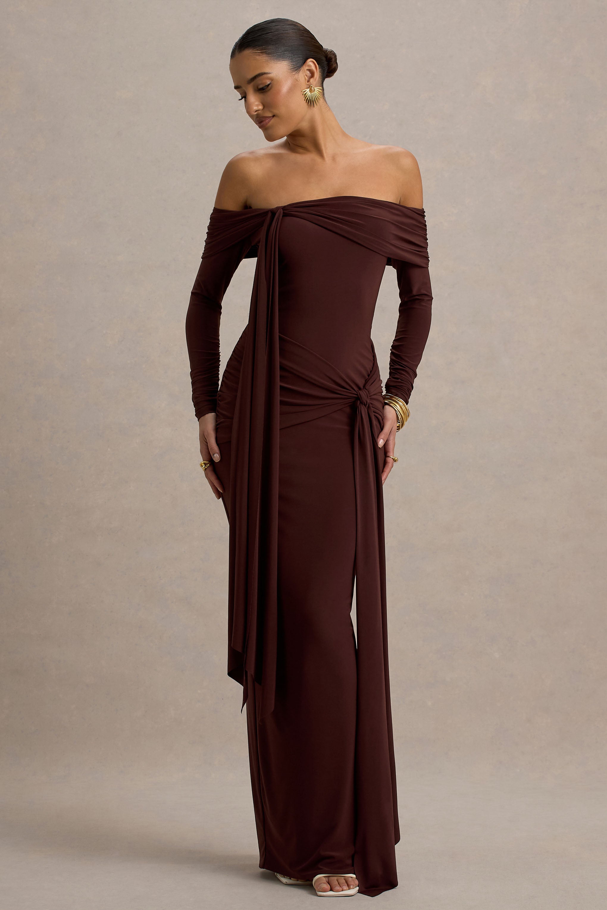 Jovie | Sash Detaylı Kahverengi Bardot Sarma Maxi Elbise