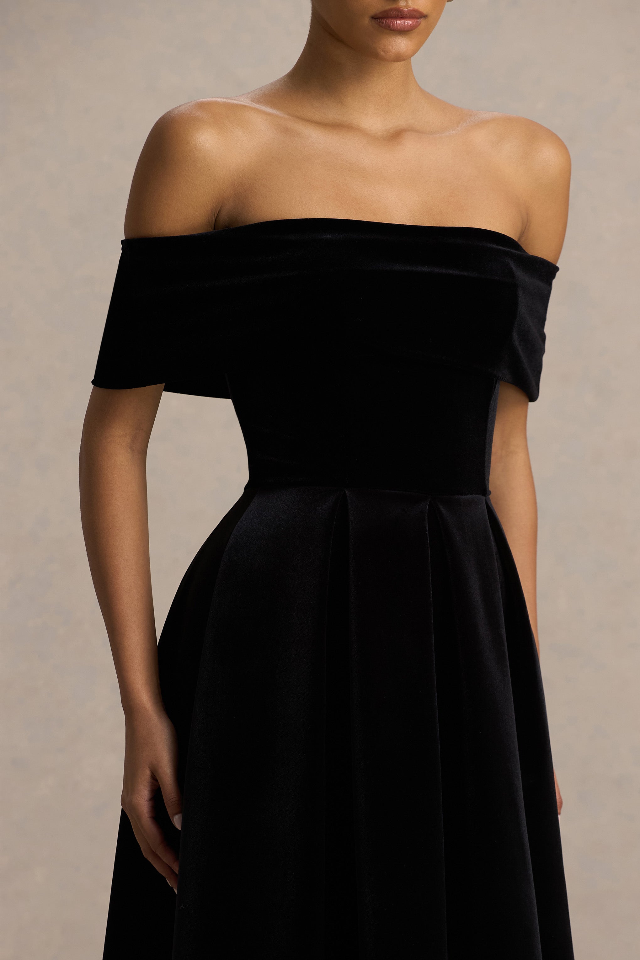 Ablaze | Siyah Kadife Bardot Yaka Maxi Elbise