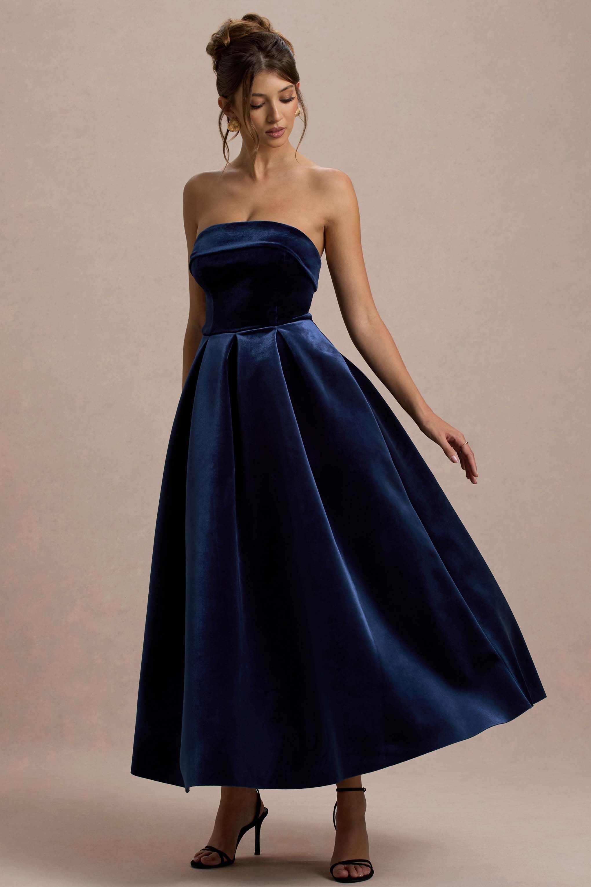 Addina | Lacivert Kadife Bandeau Midi Elbise