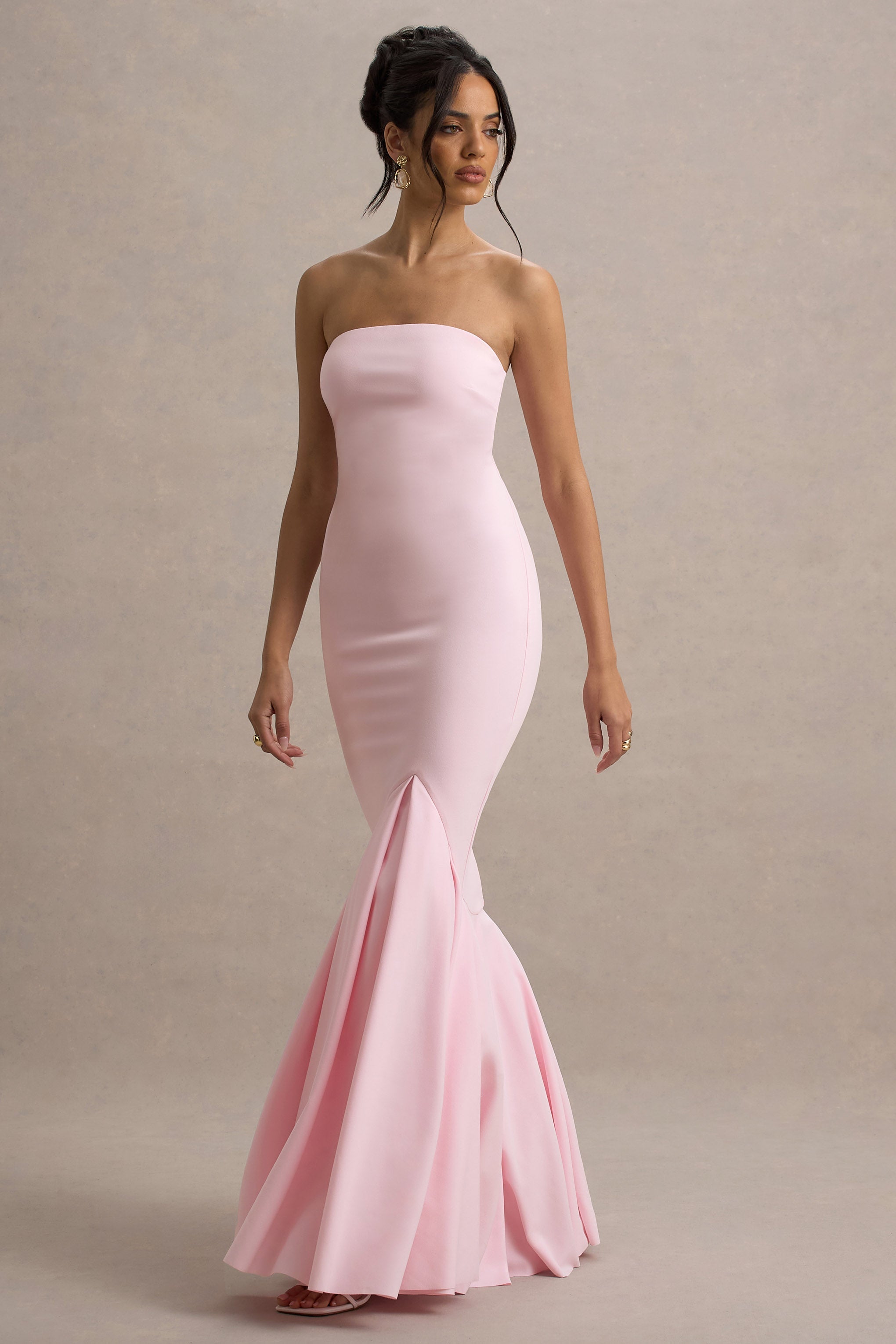 Angela | Pembe Bandeau Kuyruklu Maxi Elbise