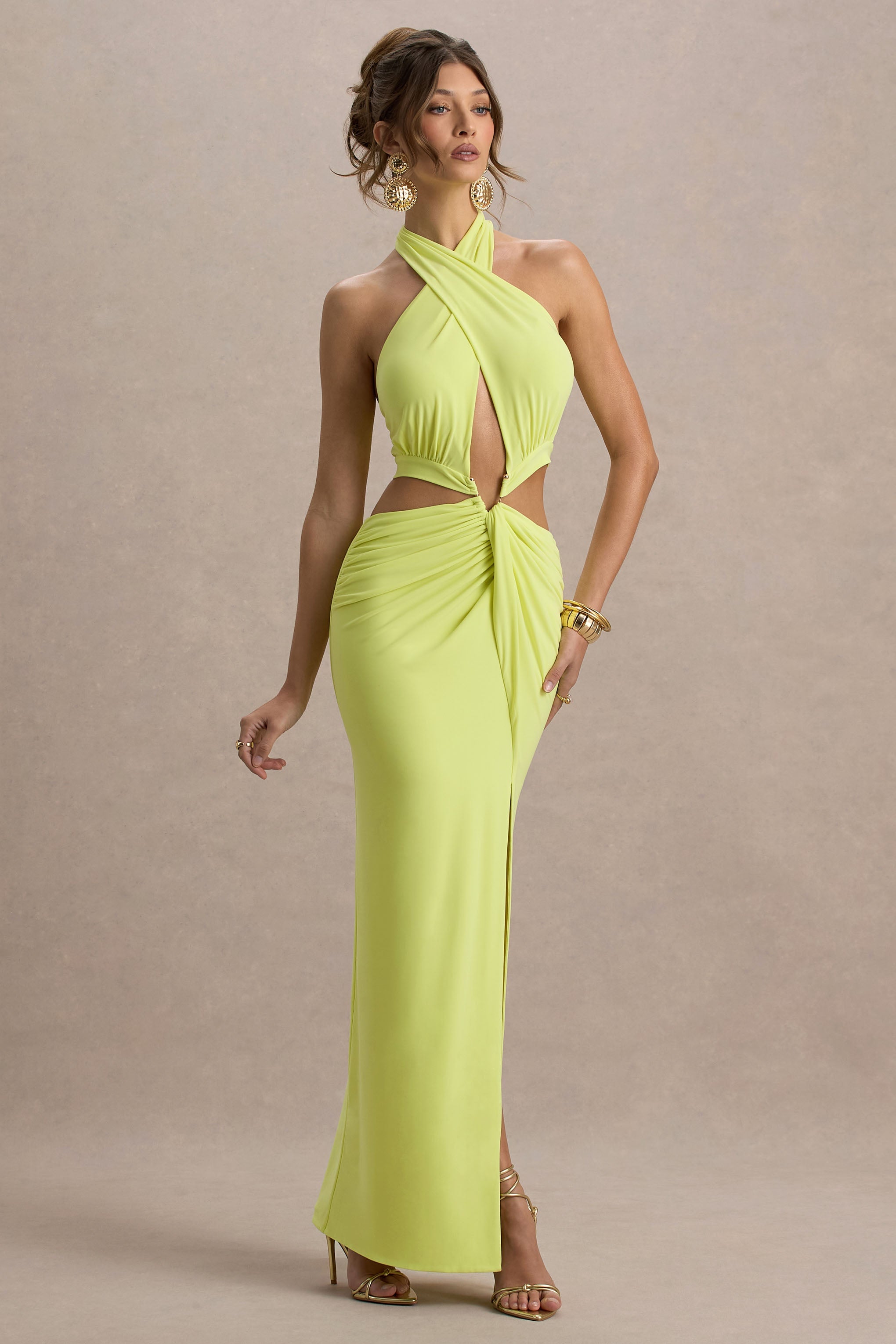 Aura | Lime Yeşil Halter Yaka Kesik Detaylı Maxi Elbise