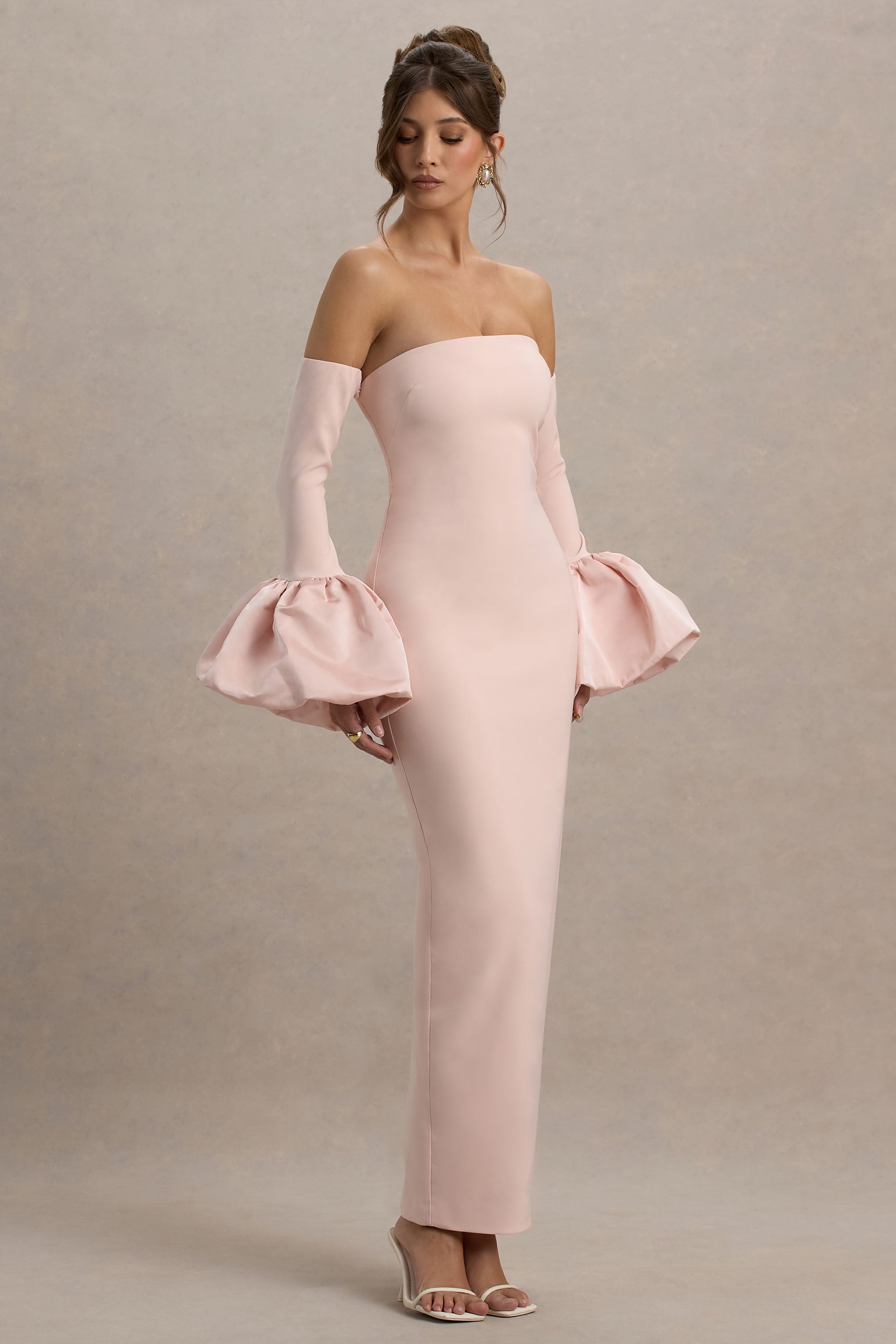 Myah | Pembe Bandeau Uzun Kollu Maxi Elbise Puff Manşetlerle