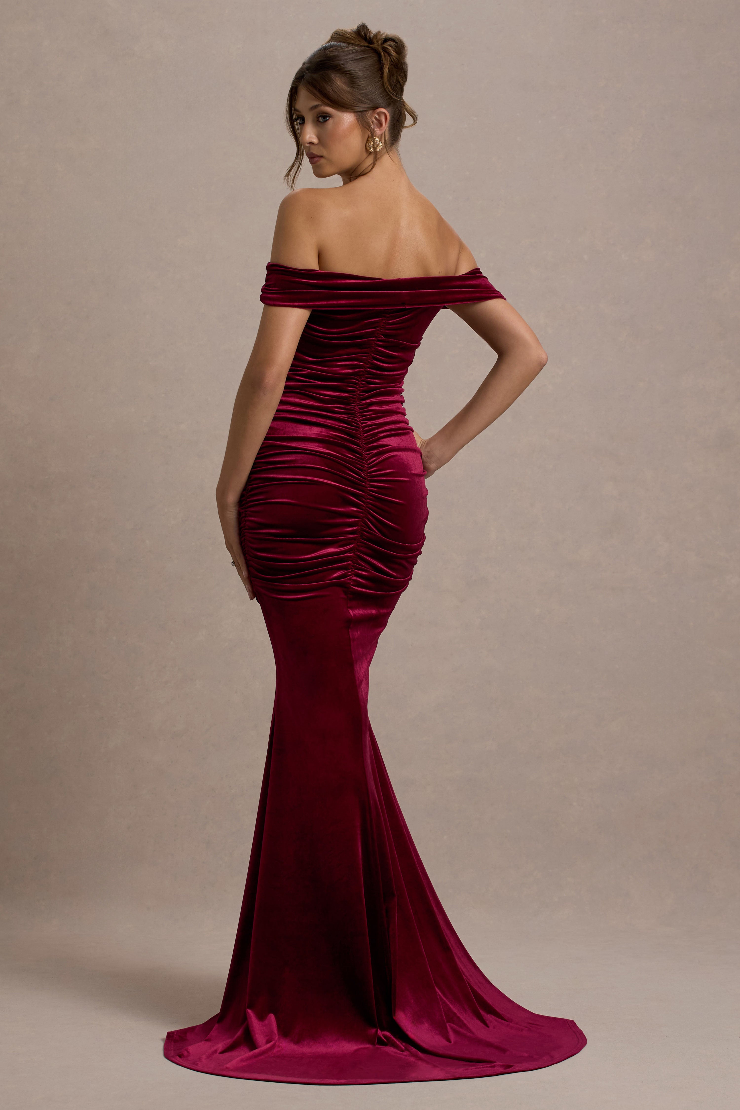 Apolline | Berry Kadife Off The Shoulder Ruchingli Fishtail Maxi Elbise