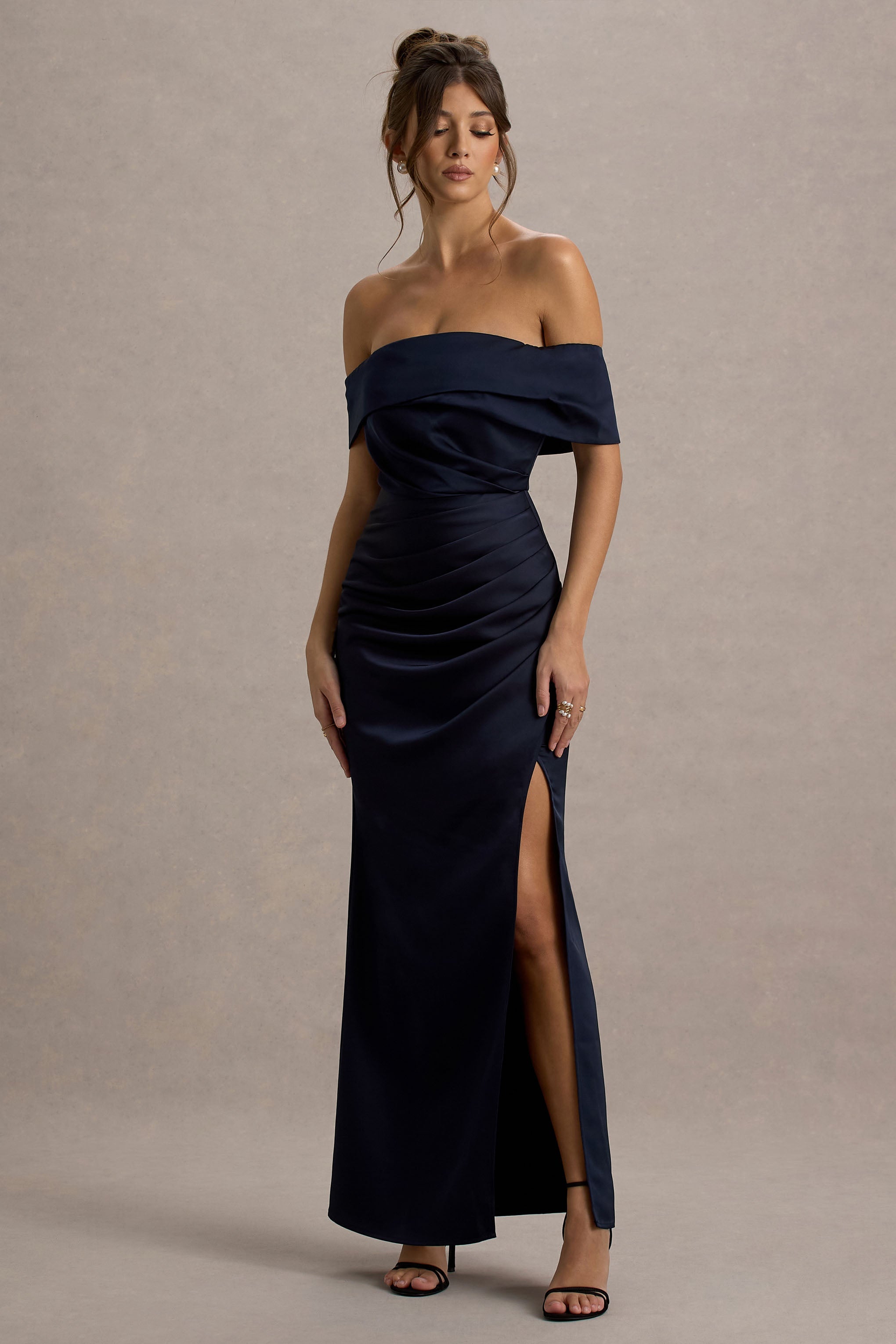 Martine | Lacivert Saten Bardot Sarma Maxi Elbise