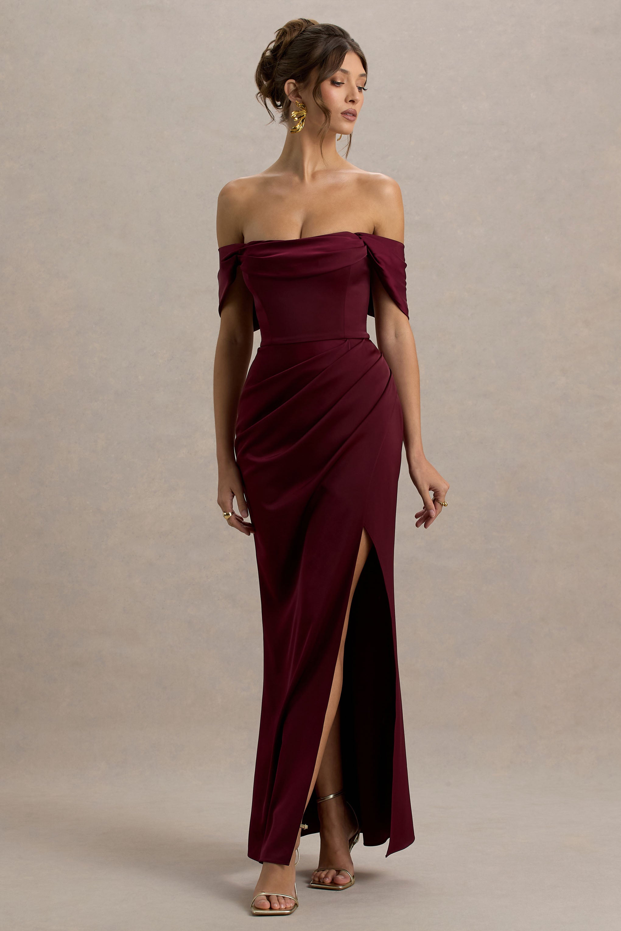 Annie | Yırtmaçlı Bordo Saten Bardot Maxi Elbise