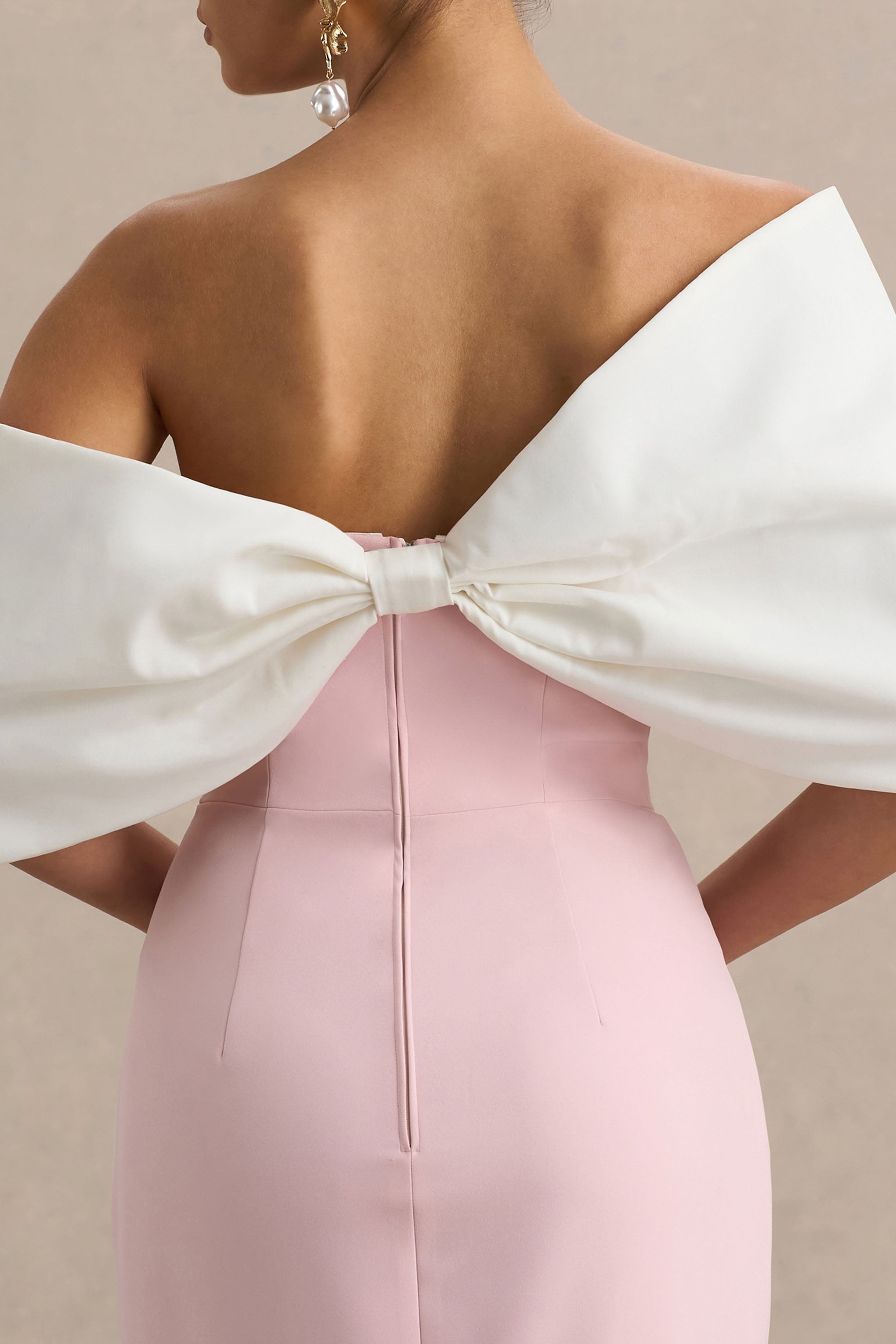 Lucille | Pembe ve Beyaz Asimetrik Bardot Midi Elbise