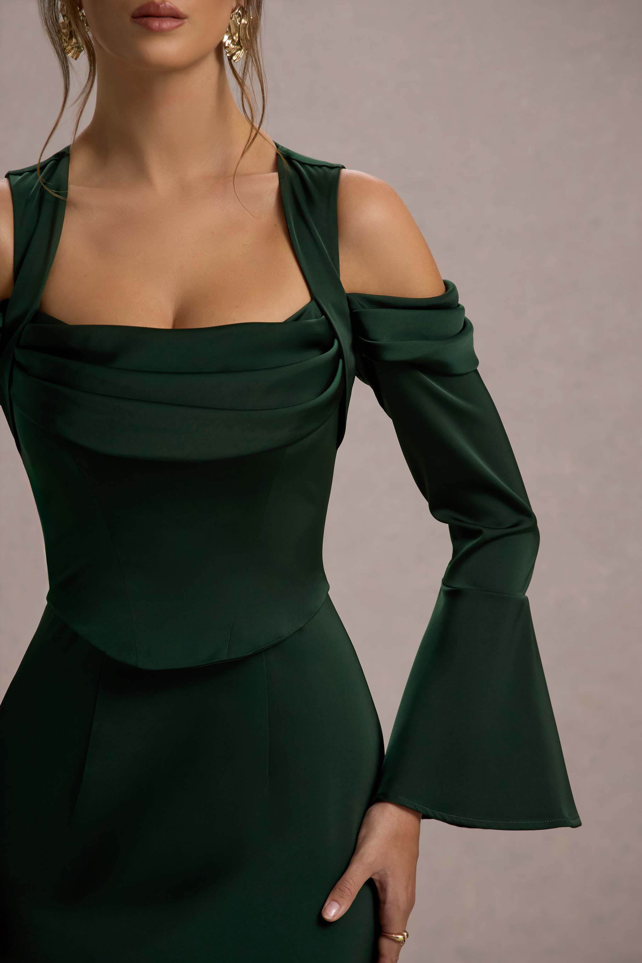 Heartthrob | Yeşil Saten Drapeli Bardot Maxi Elbise