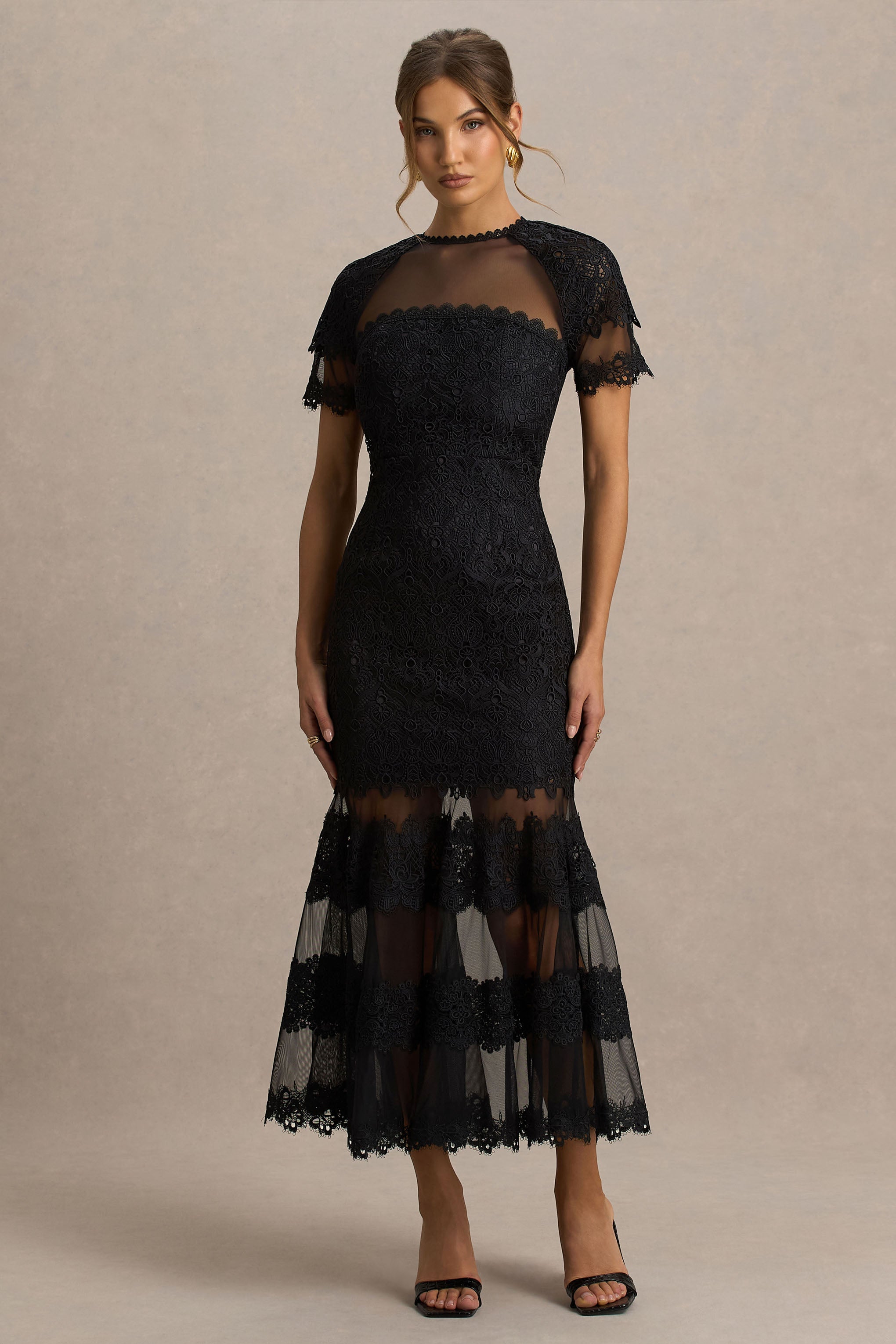 Leanne | Siyah File ve Dantel Yaka Detaylı Fishtail Midi Elbise