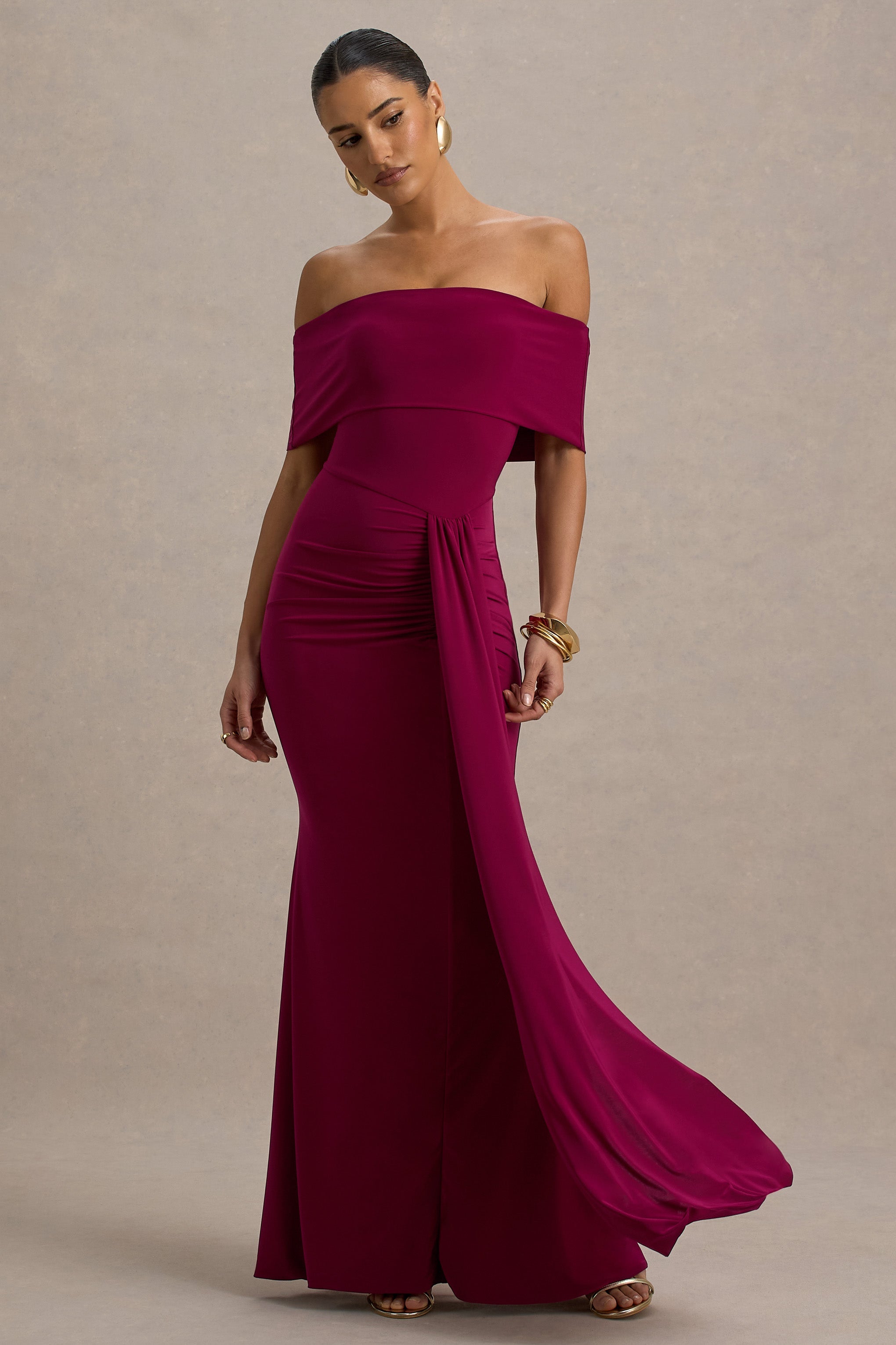 Delma | Drapeli Detaylı Bordo Bardot Maxi Elbise