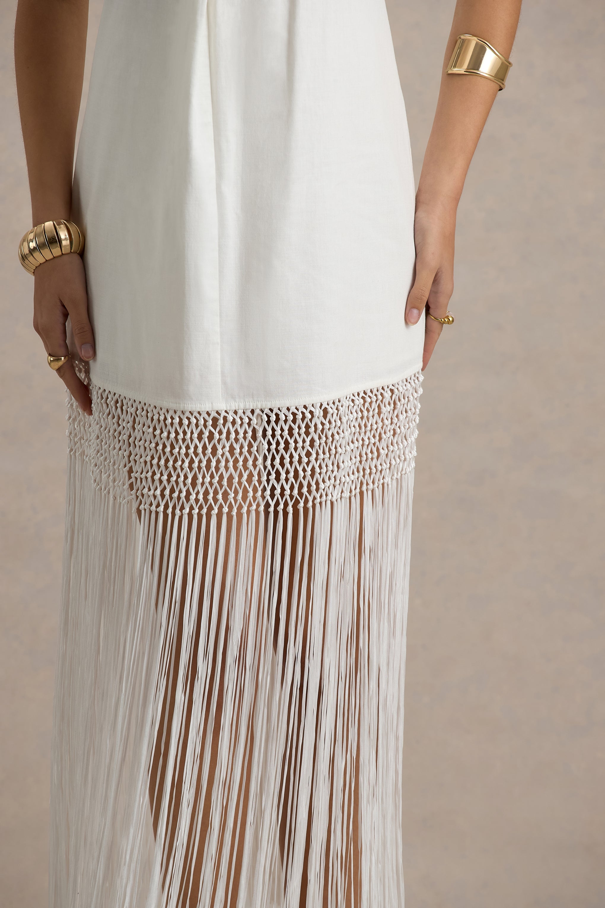 Fiametta | Ecru Keten Halter Yaka Fringed Maxi Elbise