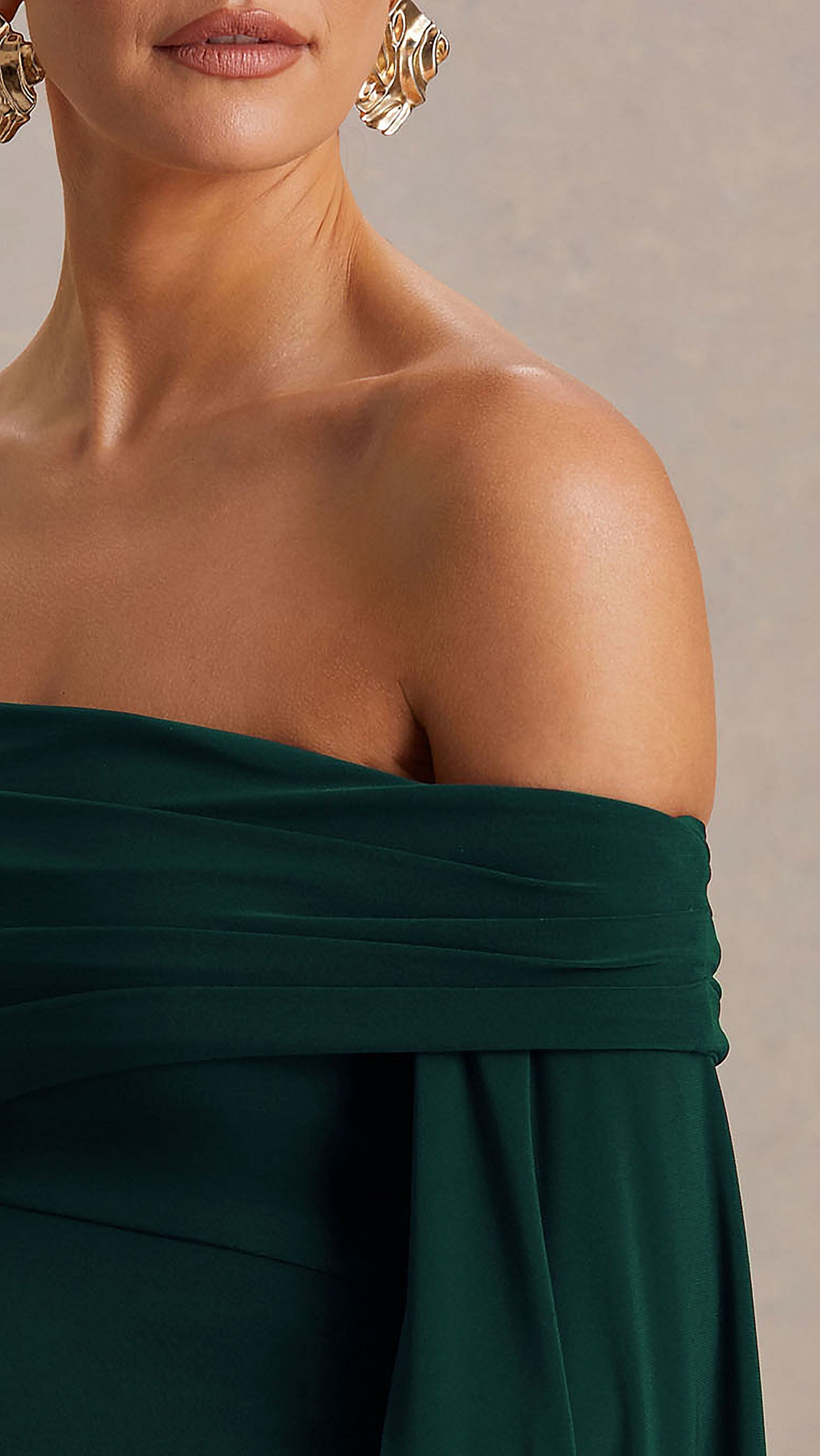 Aquila | Şişe Yeşili Bardot Hamile Maxi Elbise Drape Kol Detayı ile