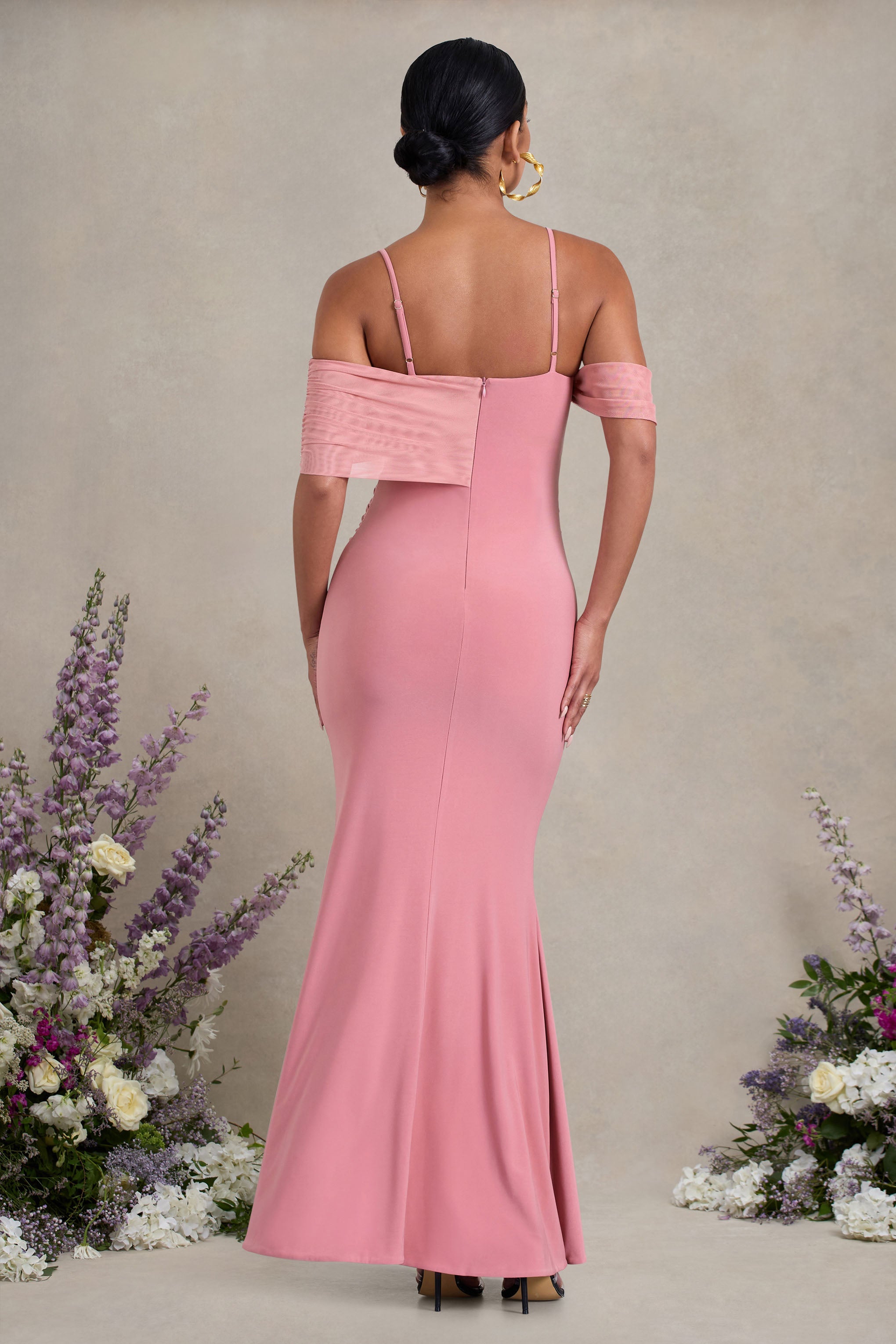 Augusta | Pembe File Bardot Askılı Yırtmaçlı Hamile Uzun Elbise